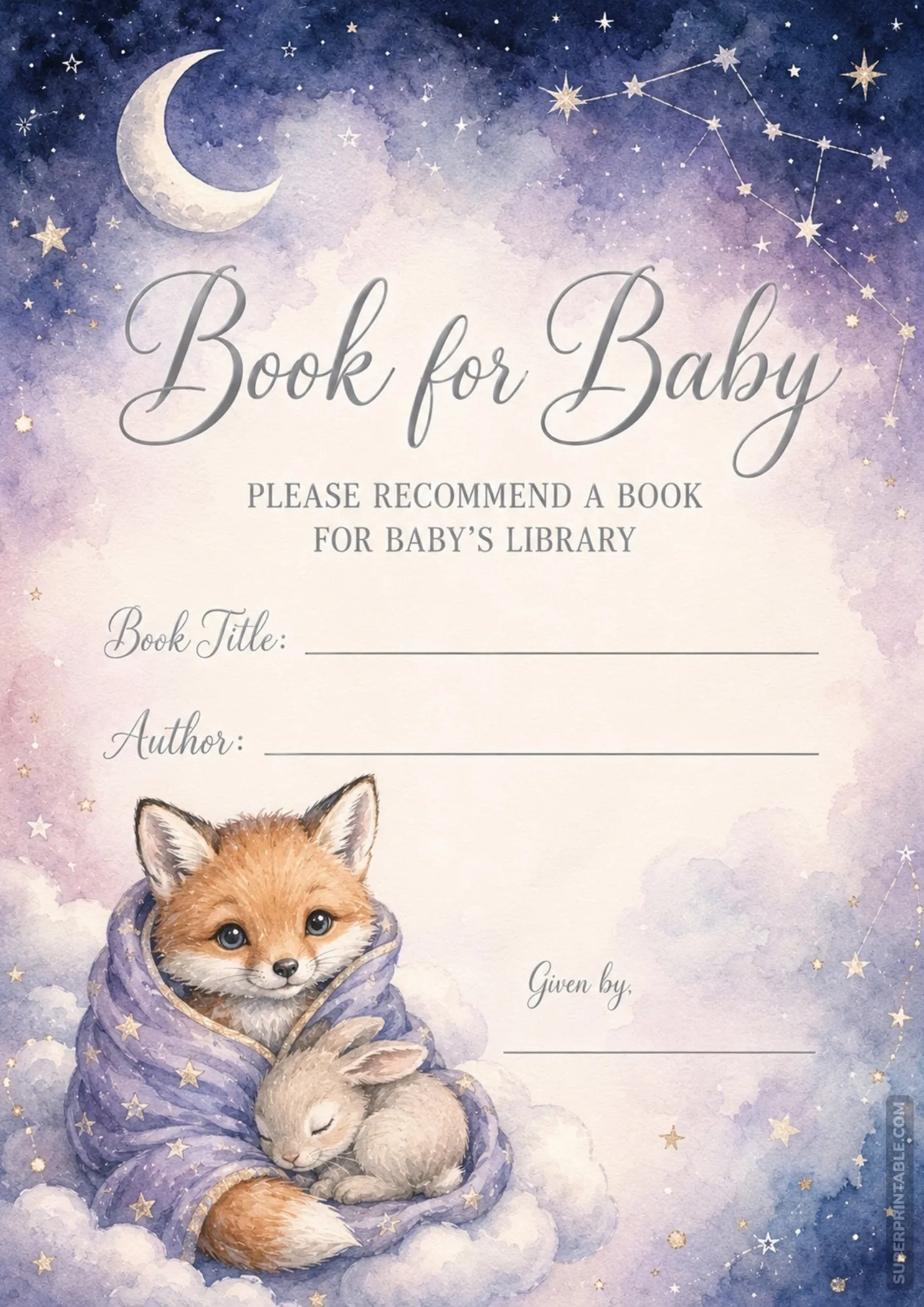 Celestial starry night baby shower book card with watercolor baby fox and sleeping bunny in blanket.