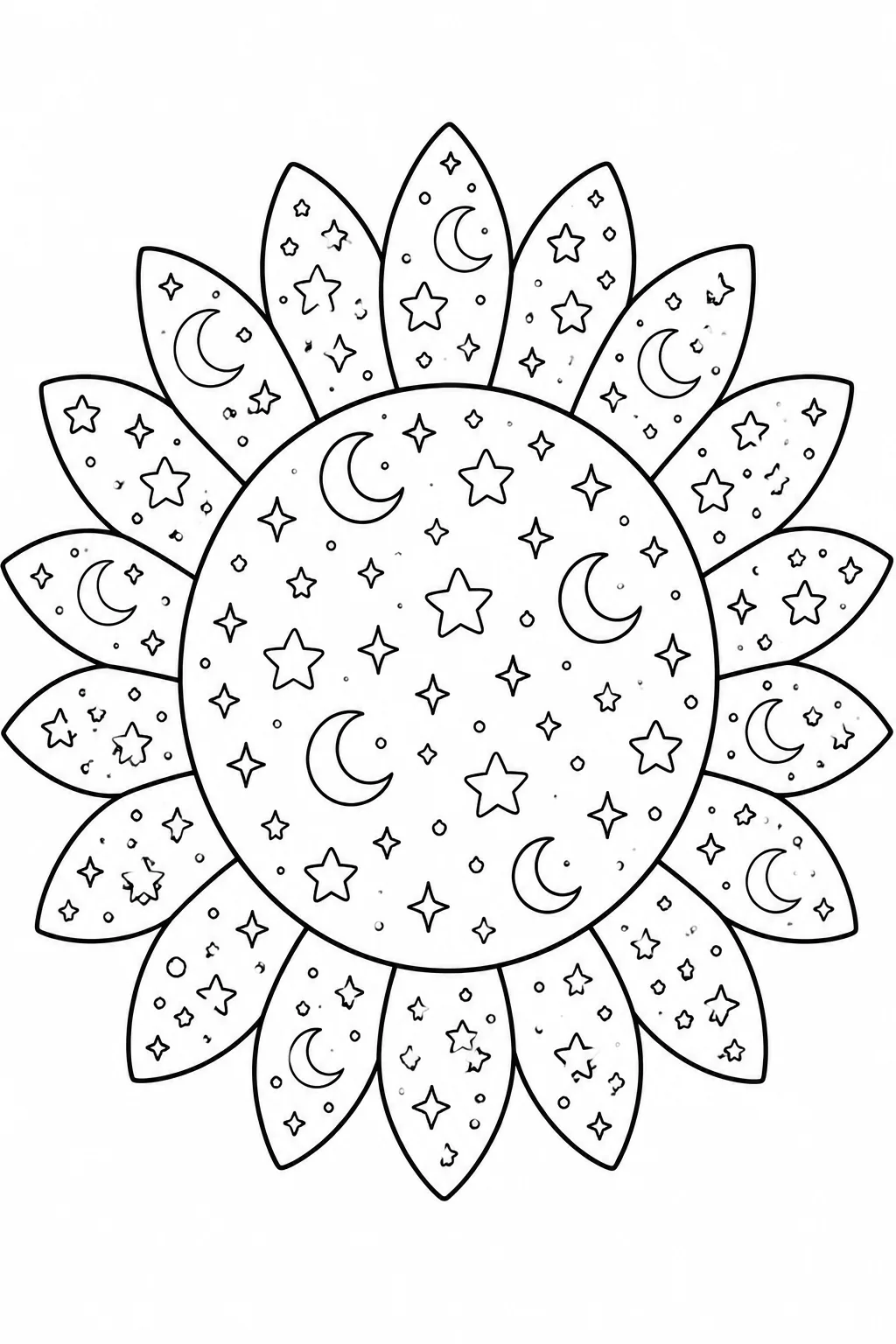 Celestial themed sunflower outline filled with crescent moons and twinkling stars.