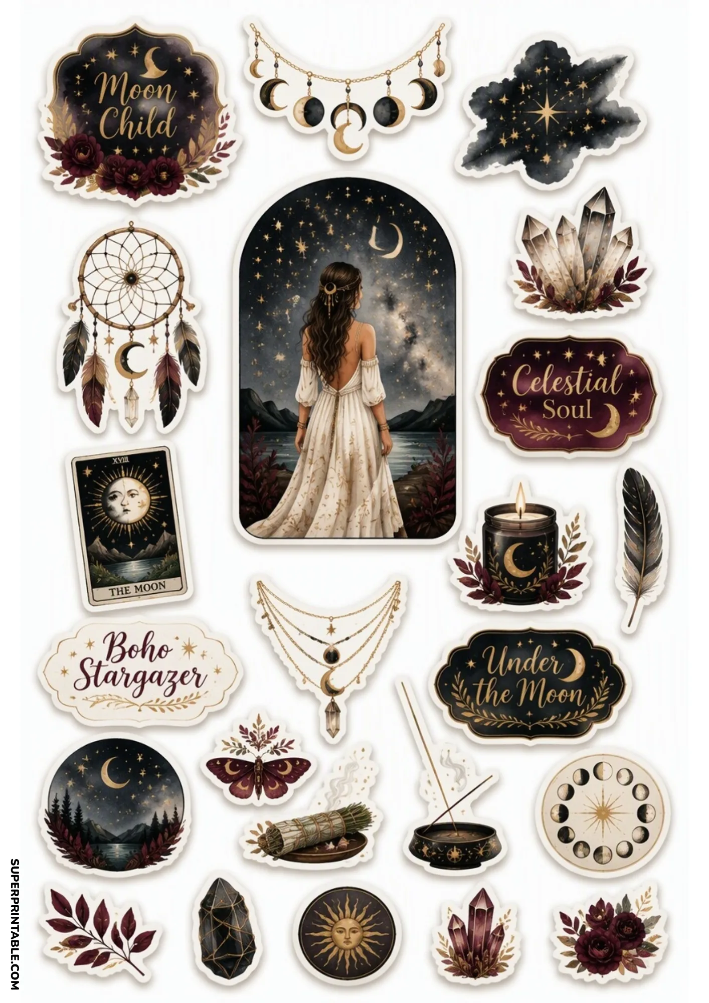 Celestial stickers depicting a woman stargazing under a crescent moon with moon phase banners.