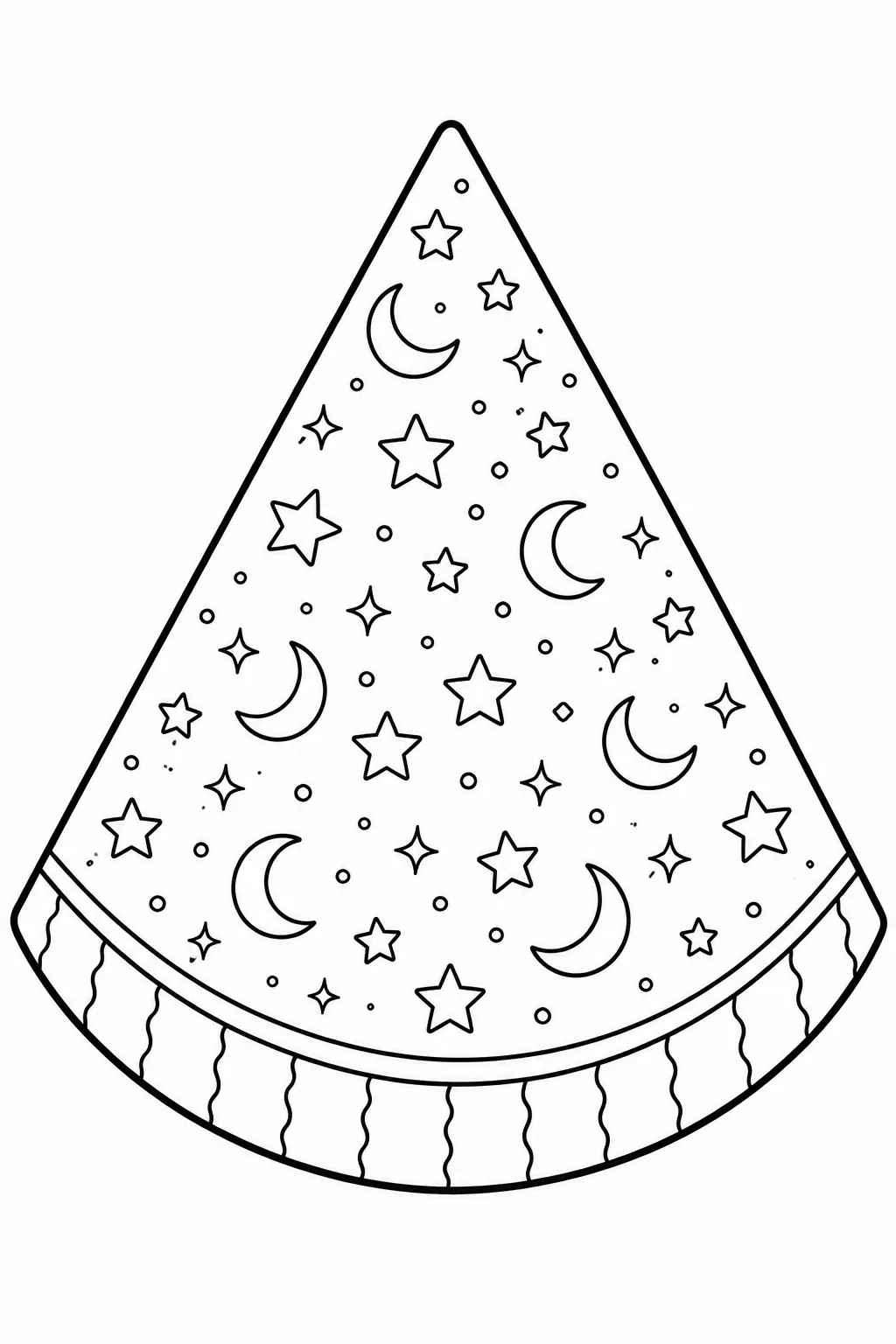 Celestial pattern of crescent moons and stars on a watermelon slice coloring page.