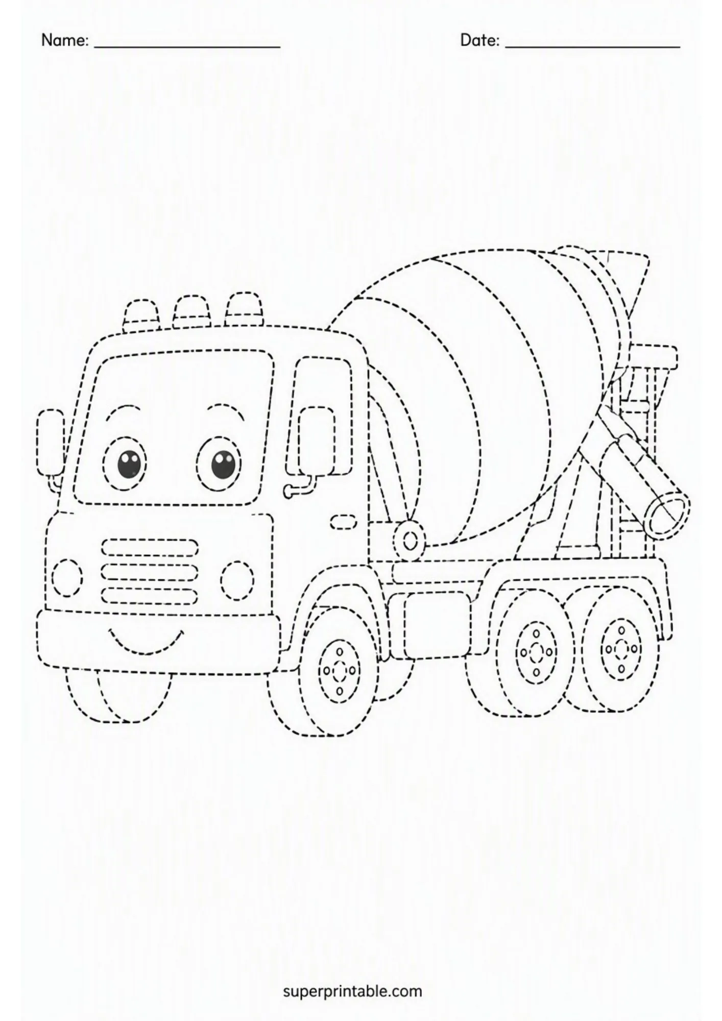 Cute cartoon cement mixer truck dotted line tracing printable sheet for toddlers.