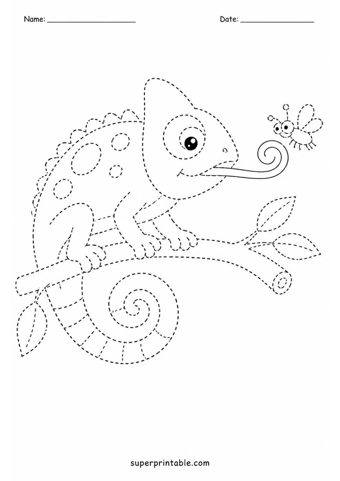 Chameleon extending tongue toward a fly on a tree branch dotted line tracing sheet for children.