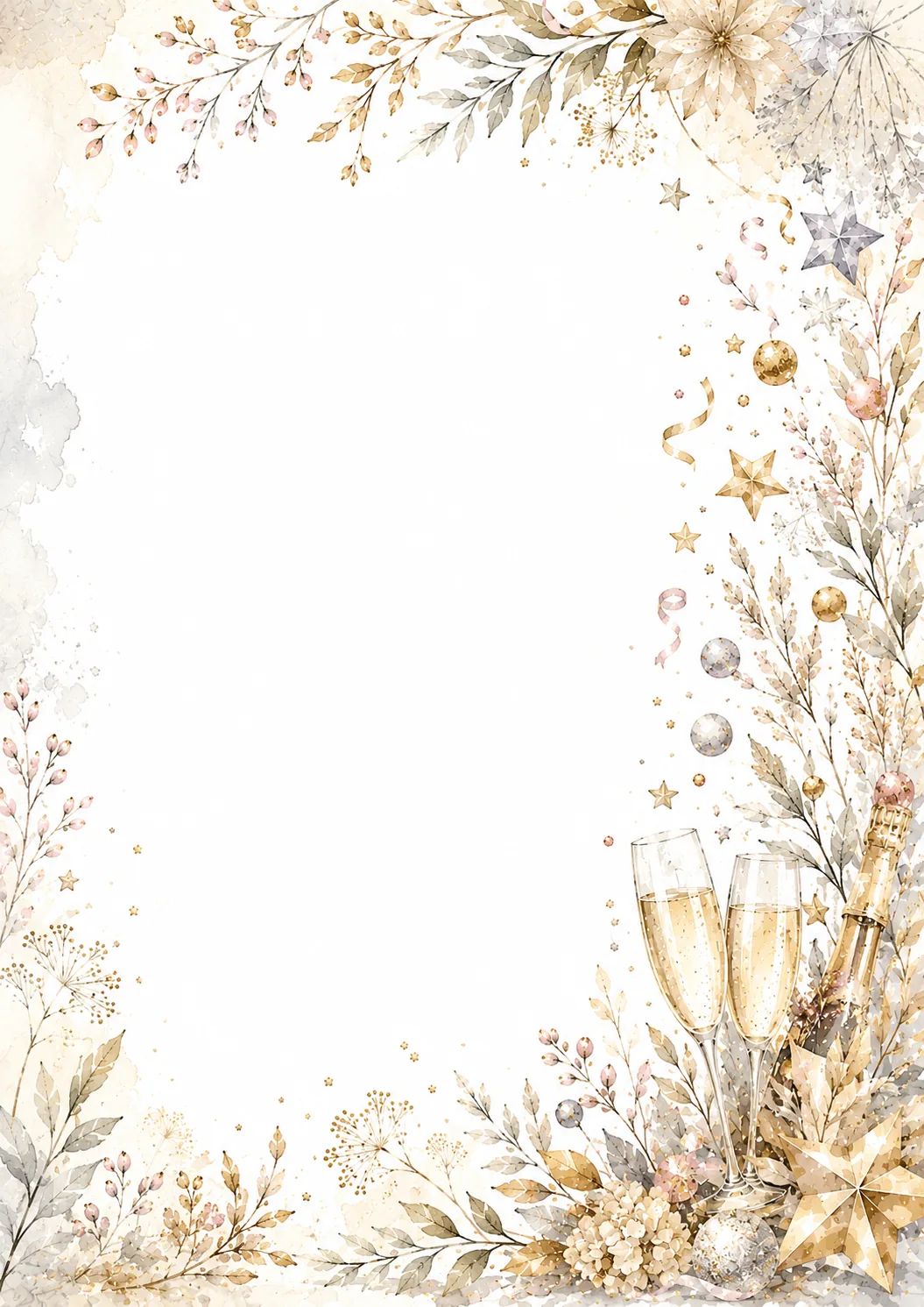 Festive writing page with champagne flute, confetti poppers and elegant celebration border.