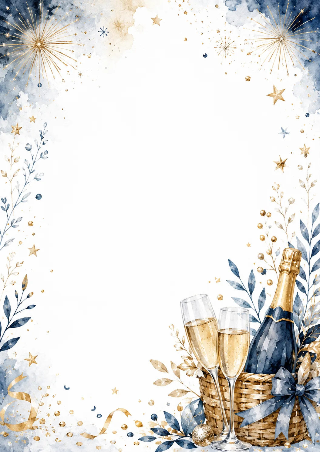Elegant celebration stationery with champagne basket, fireworks and sparkling festive border.