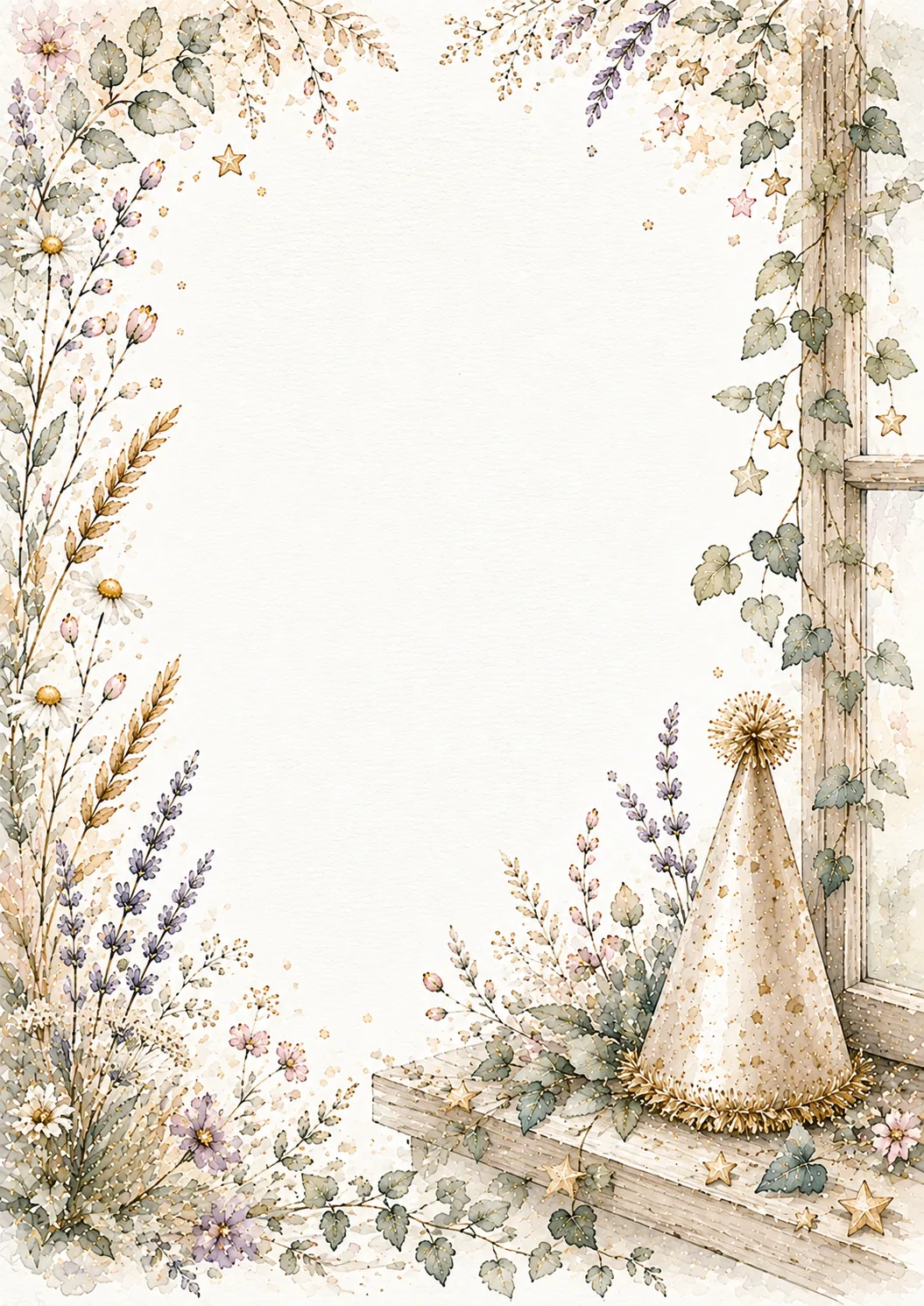 Printable celebration stationery with champagne flutes, flowers and festive gold accents.