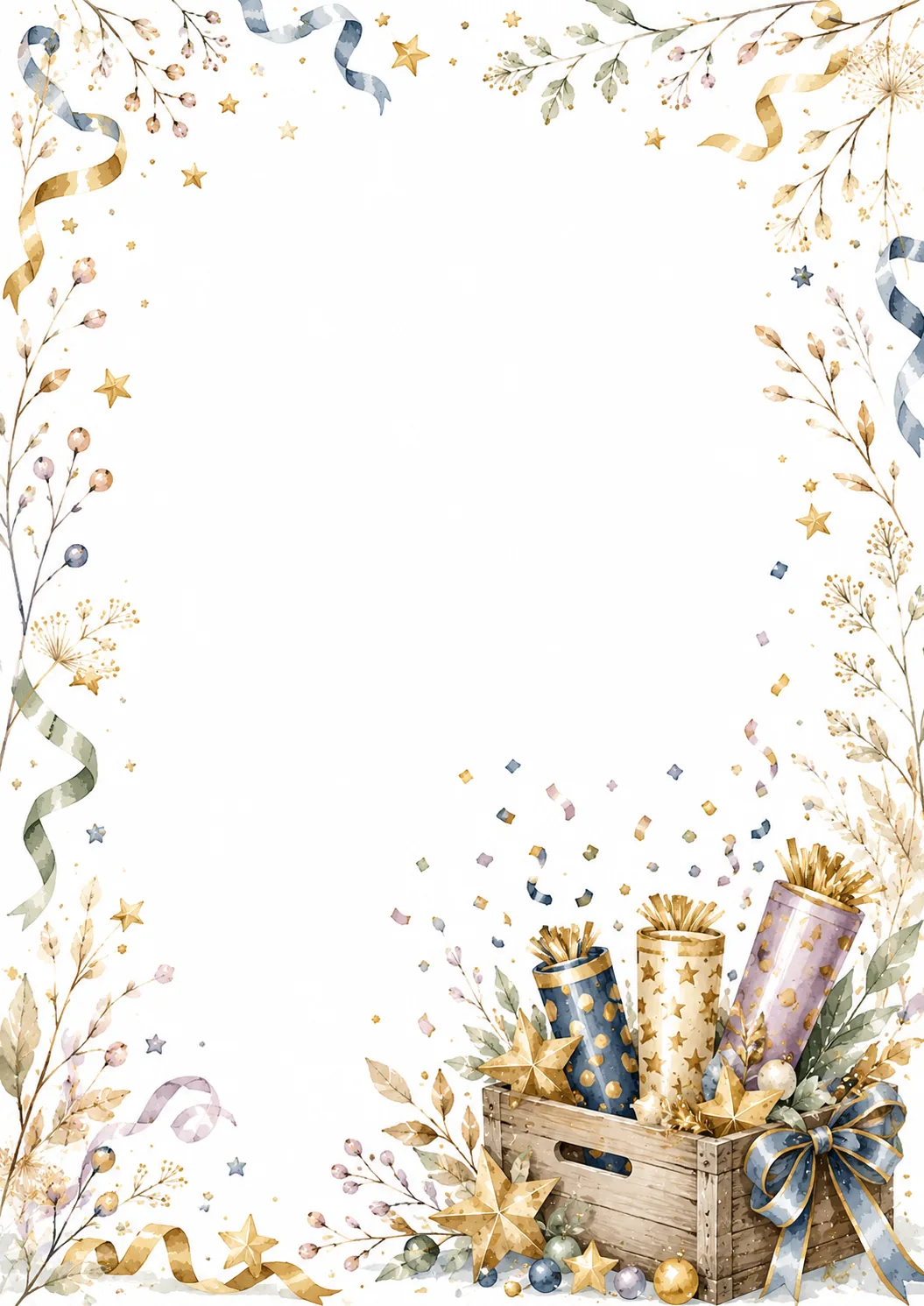 Elegant printable stationery with champagne glass, cookies and festive floral decorations.