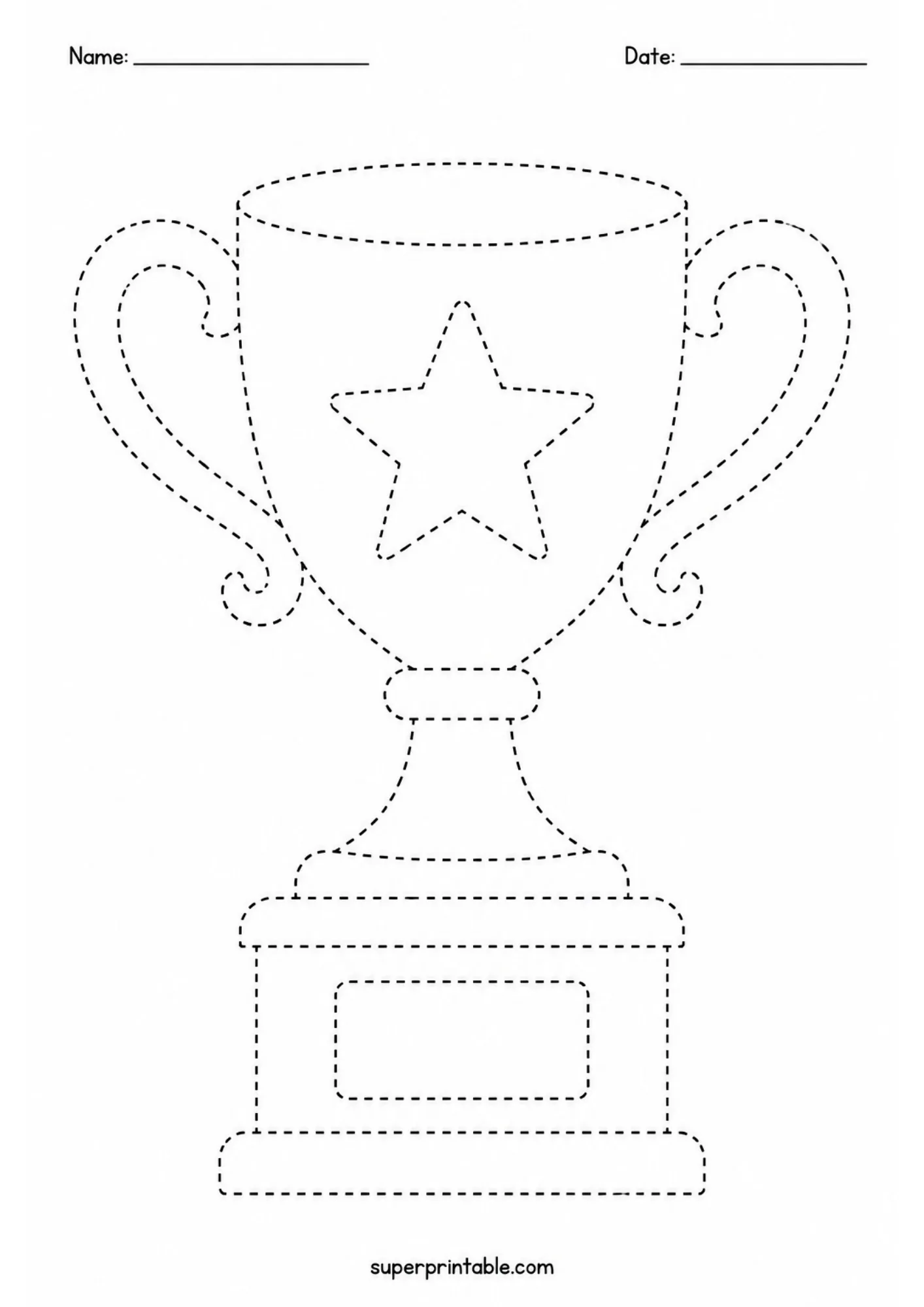 Sports trophy tracing page featuring a cup with star emblem and pedestal base.
