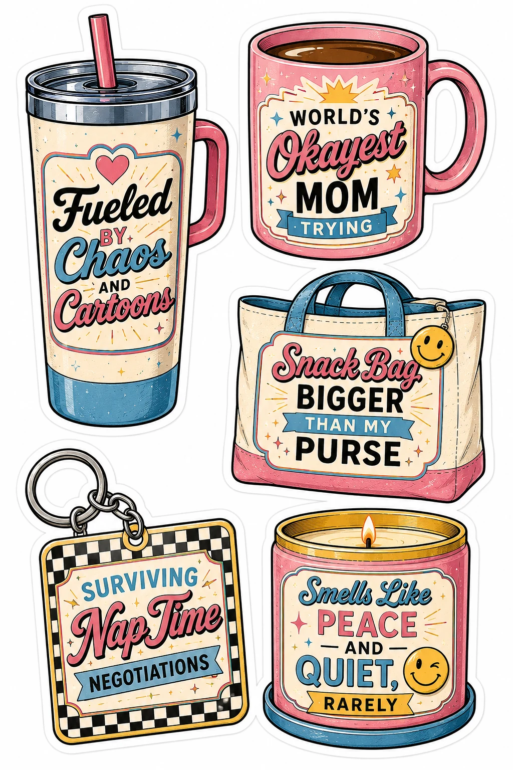 Chaos and Cartoons Okayest Mom Mug Sheet featuring motherhood humor, tired mom life, coffee & chaos, and parenting struggles.