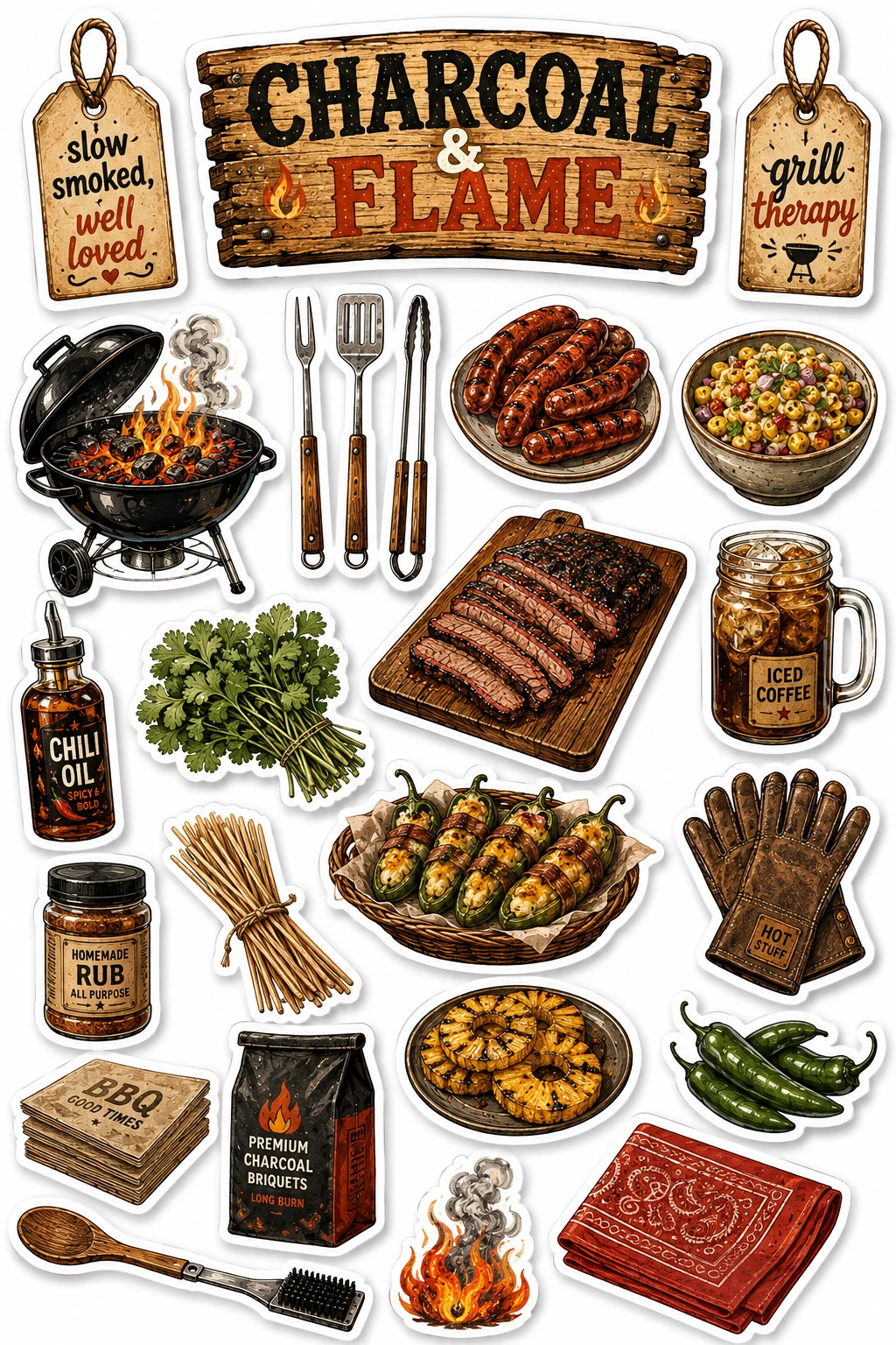 Charcoal and Flame Cast Iron Grill Sheet featuring backyard BBQ, grill master equipment, smoked meats, and summer cookouts.
