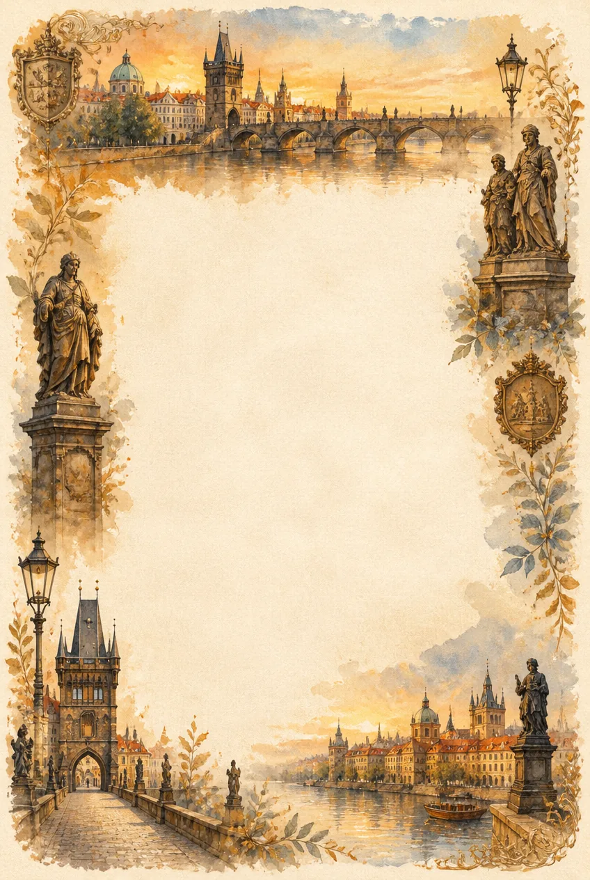 Golden sunset Prague page border illustrating Charles Bridge and Vltava river skyline.