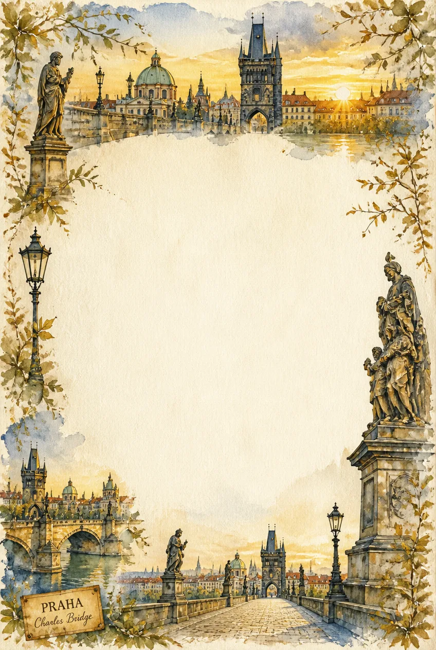 Charles Bridge Prague page border featuring Gothic towers, statues, and autumn leaves.