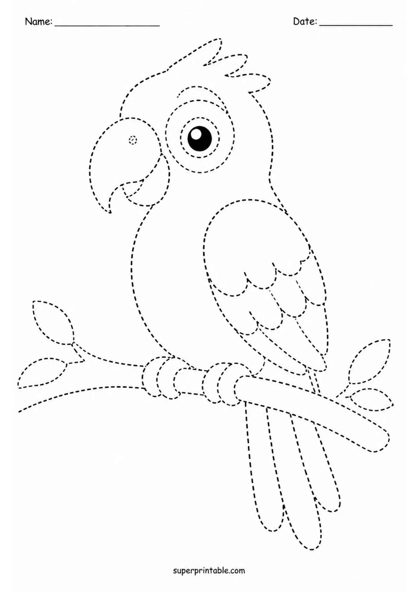 Tropical parrot perched on a branch dashed line tracing printable sheet.