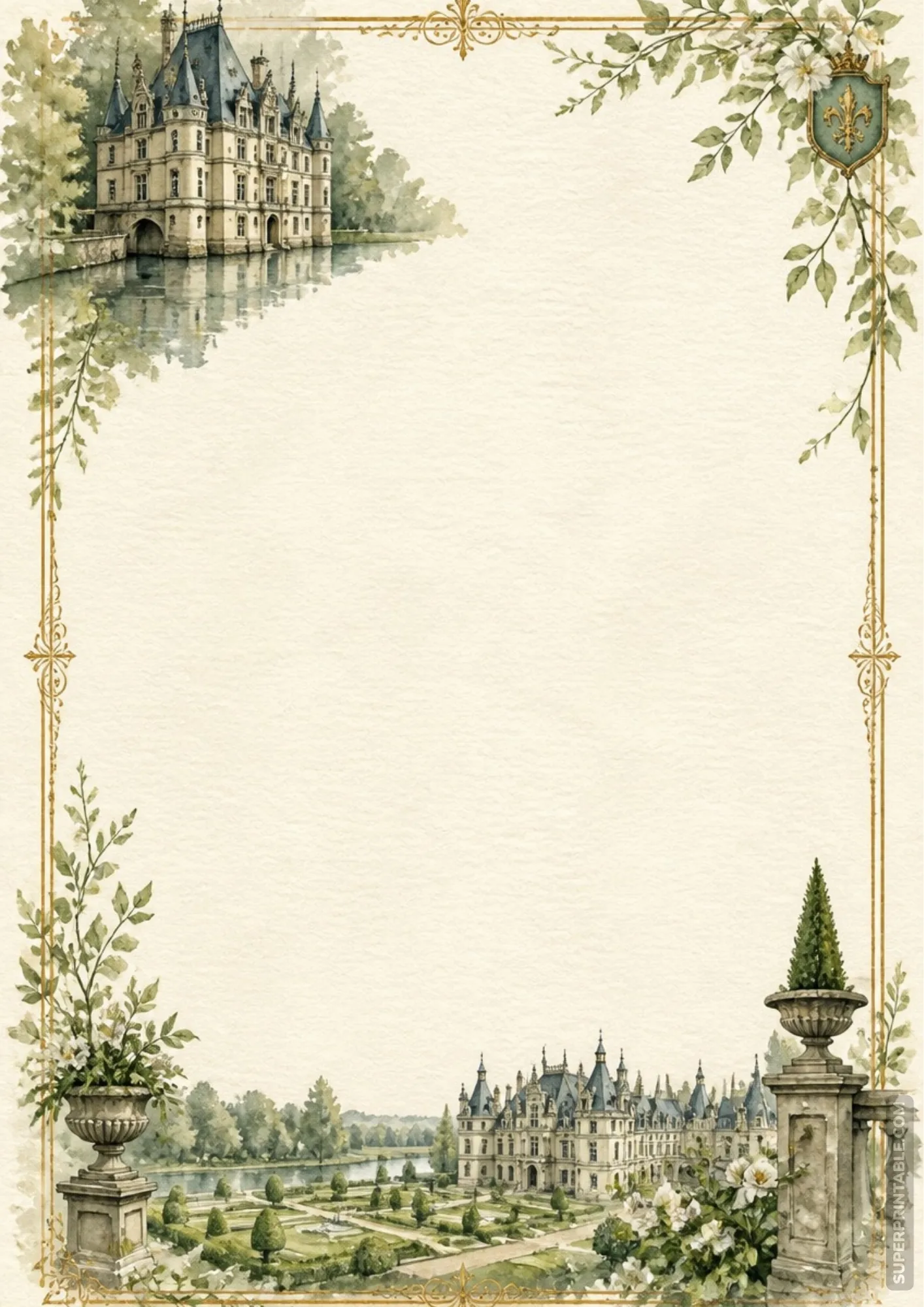 French Loire Valley castle watercolor stationary border page featuring garden balustrade and golden frames