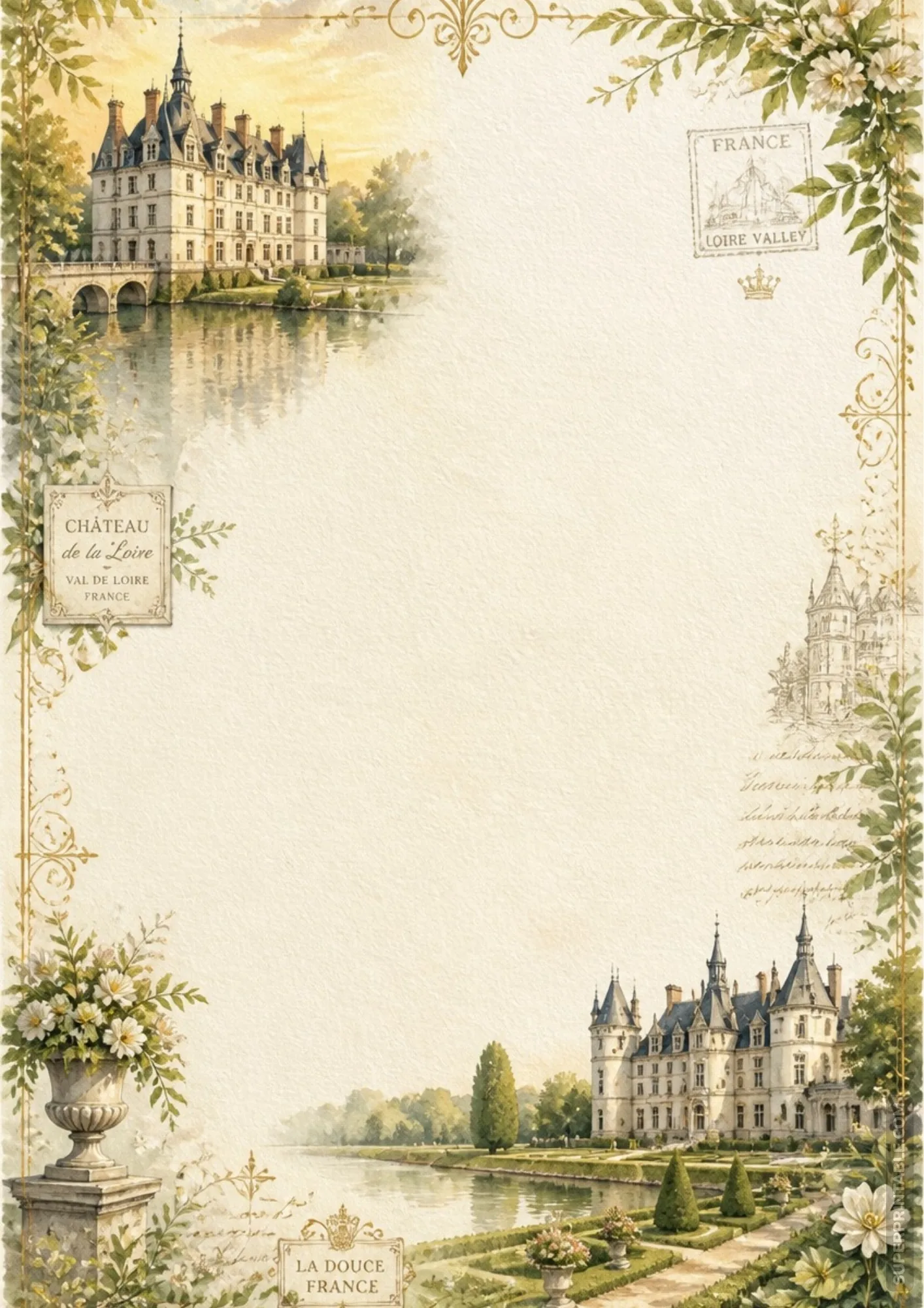 Loire Valley French chateau watercolor letter page with grapevines and formal garden stone urns