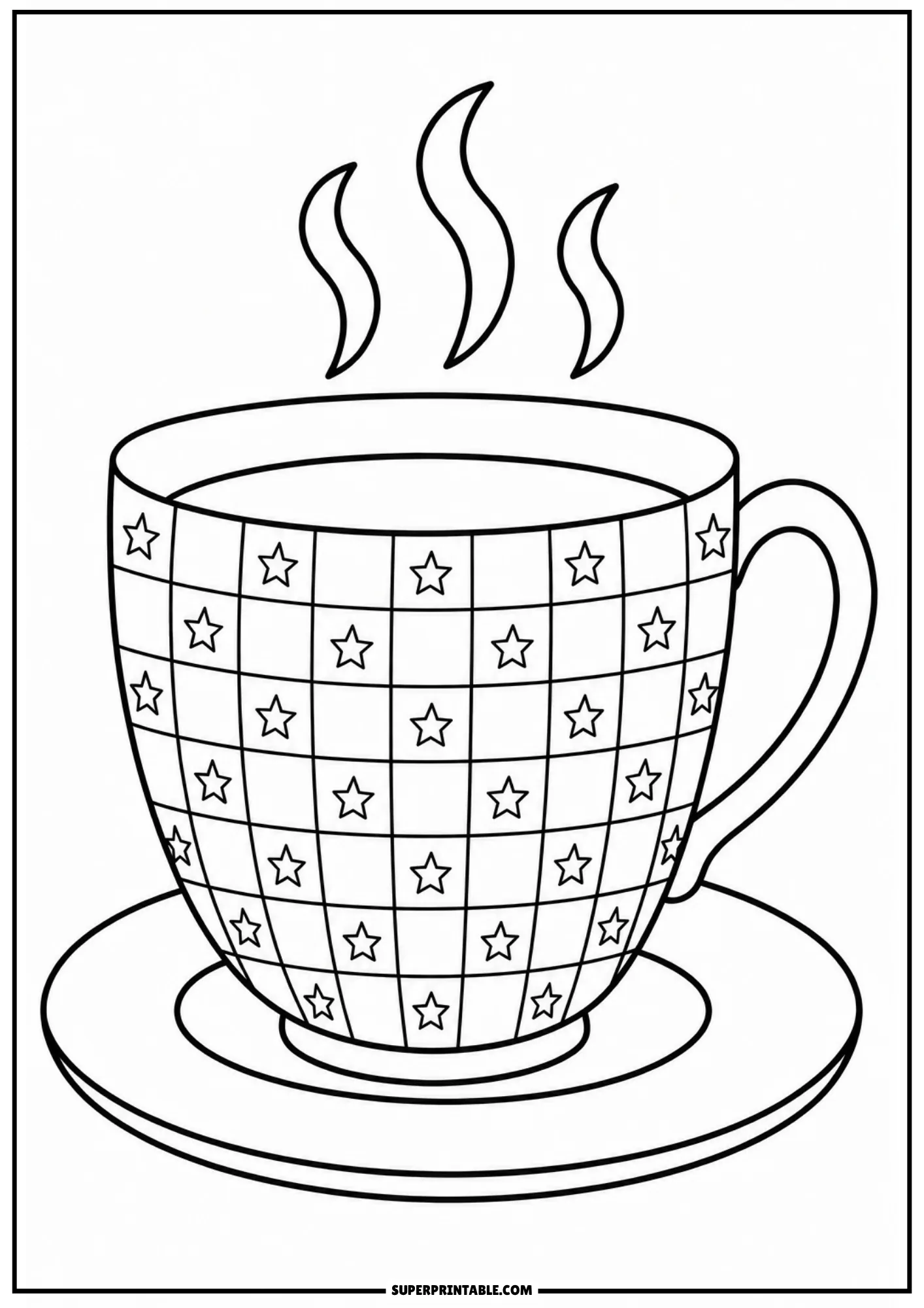 Teacup on a saucer with rising steam, featuring a geometric checkered grid with five-pointed stars in each square.