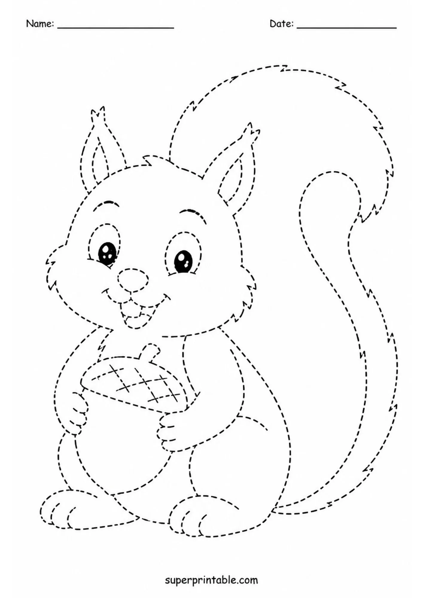 Happy squirrel holding an acorn dashed line tracing worksheet for pencil control.