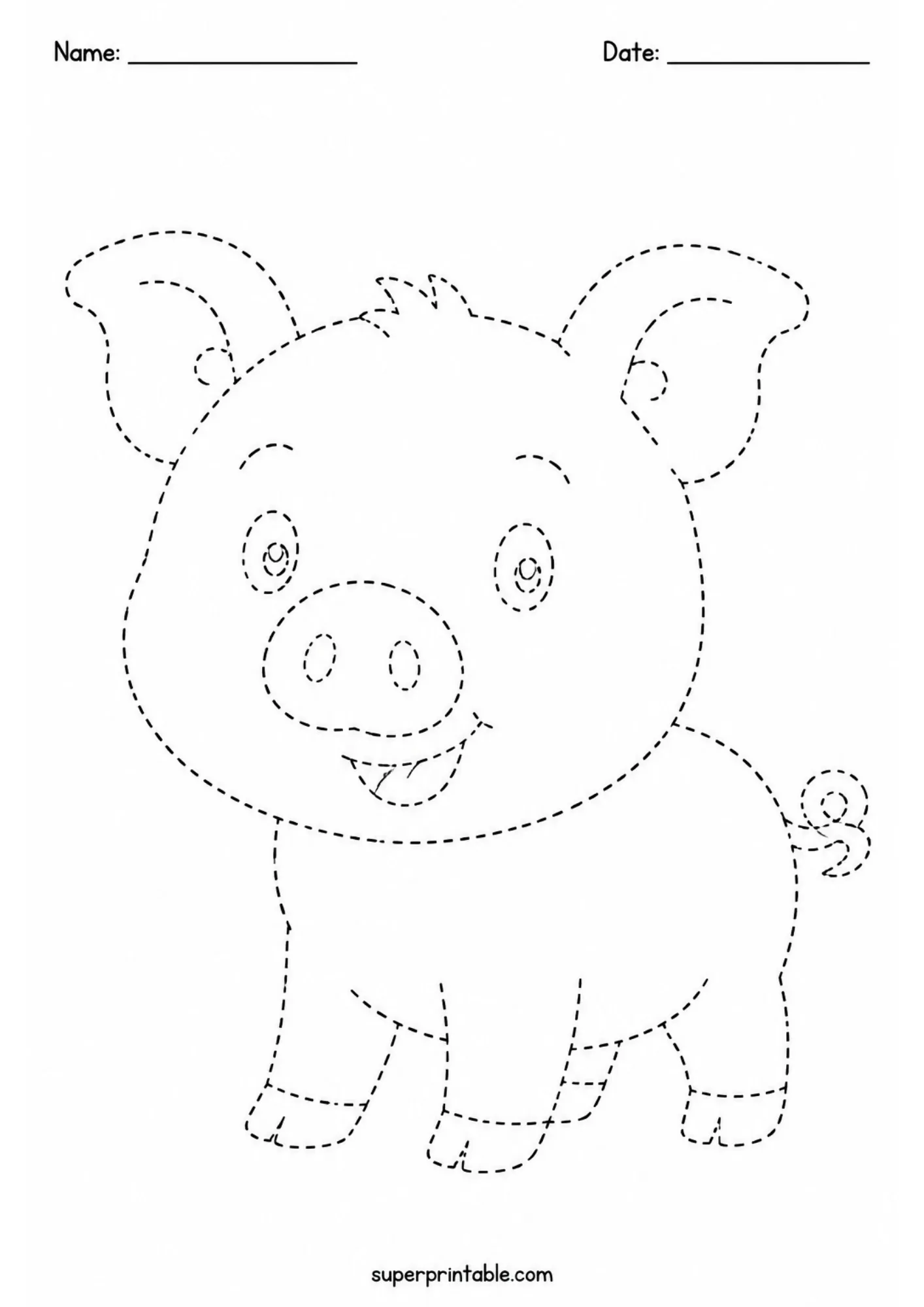 Cheerful standing piglet with curly tail dashed line tracing printable worksheet.