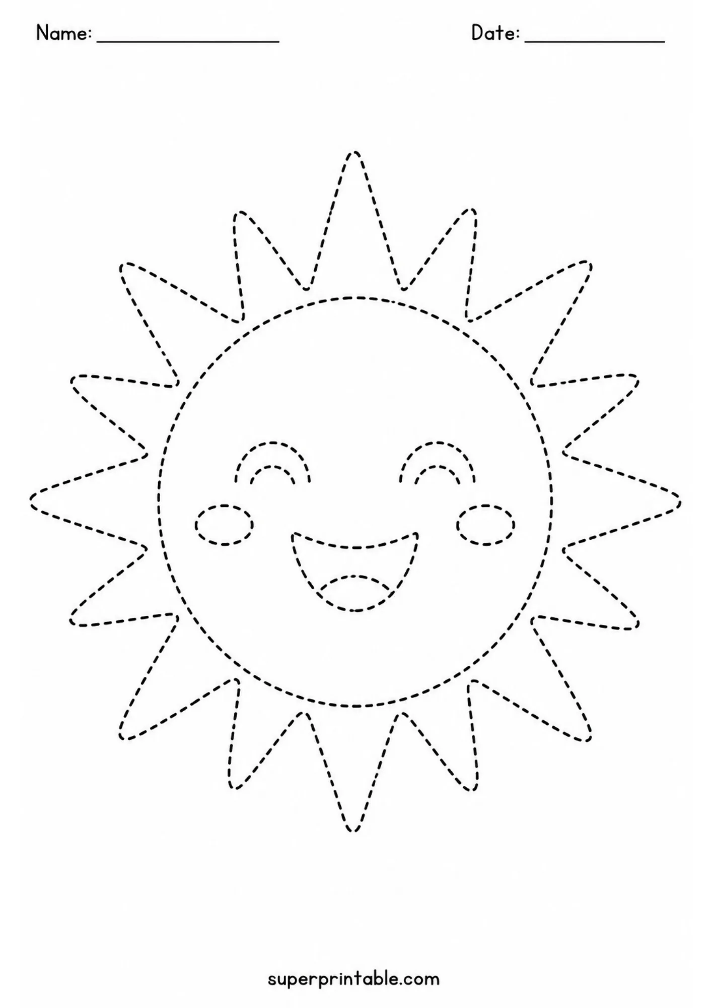 Dashed line tracing worksheet of a happy smiling sun for kids summer activity worksheets fun.