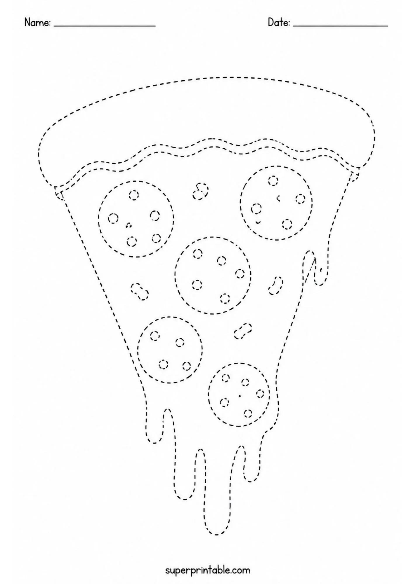 Printable pizza maker activity worksheets showing a slice with melted cheese to trace.