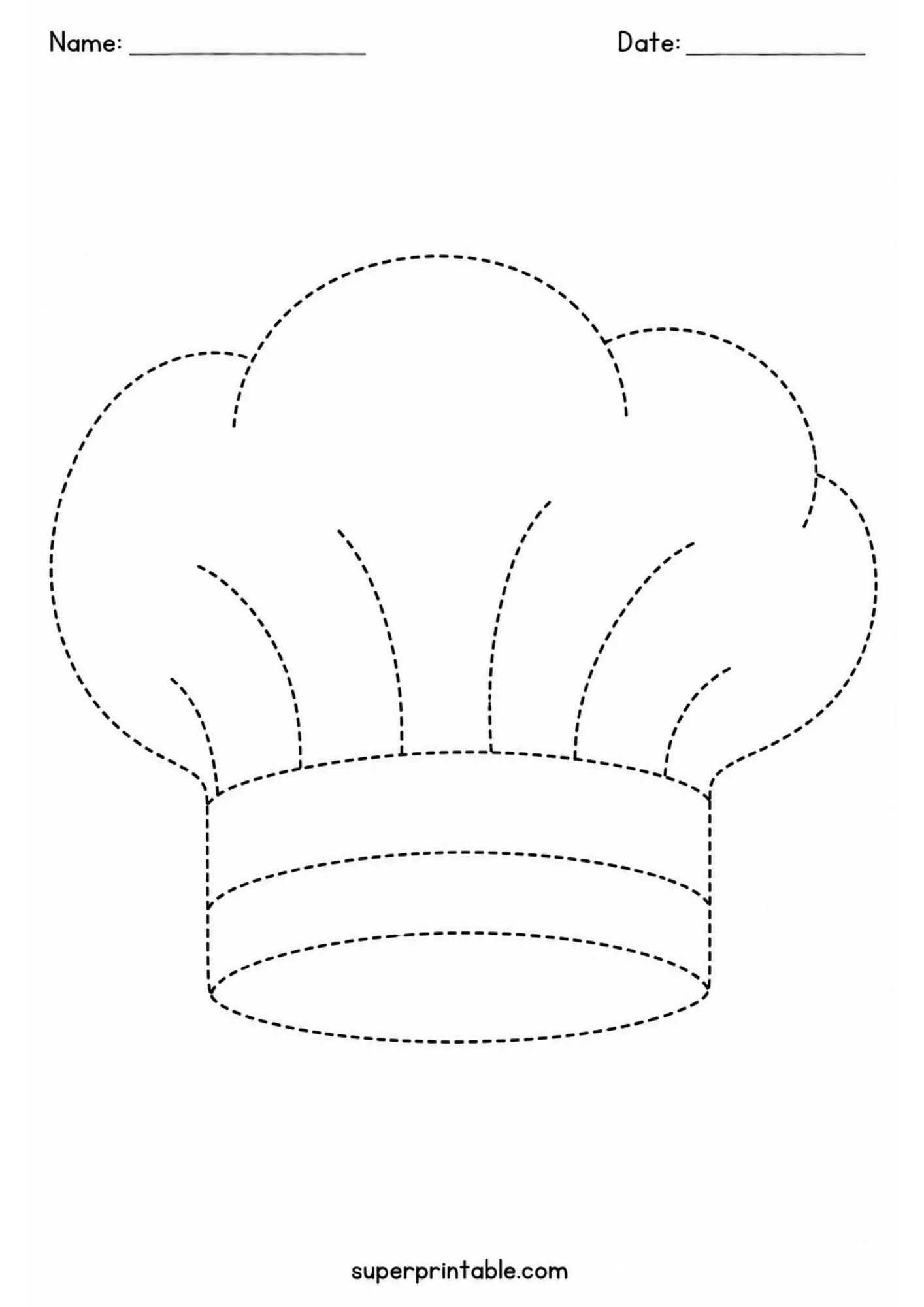 Tracing worksheet of a baker toque hat for kids fine motor skills practice.