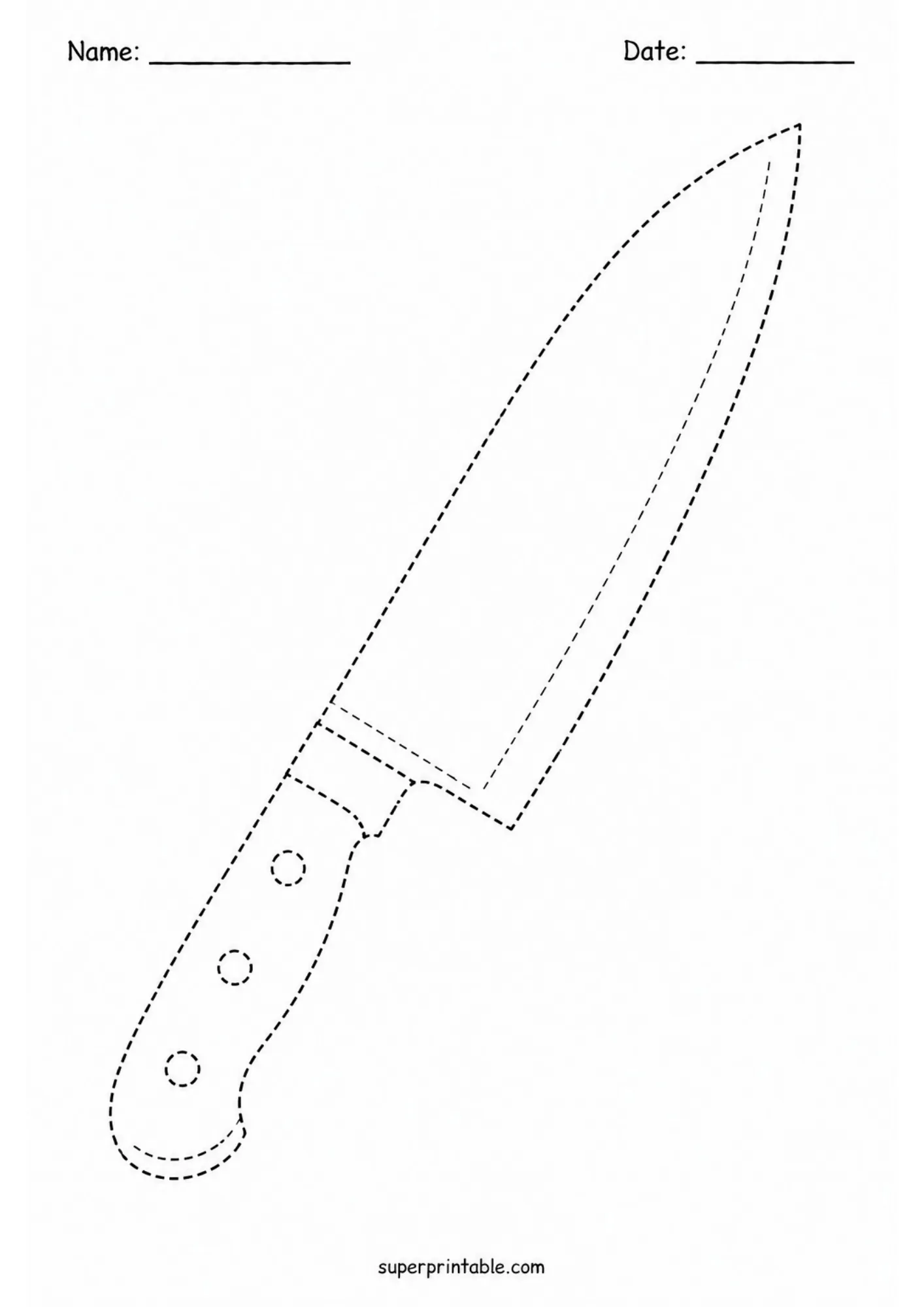 Chef knife line tracing page for kitchen activity worksheets designed for preschool fine motor skills.