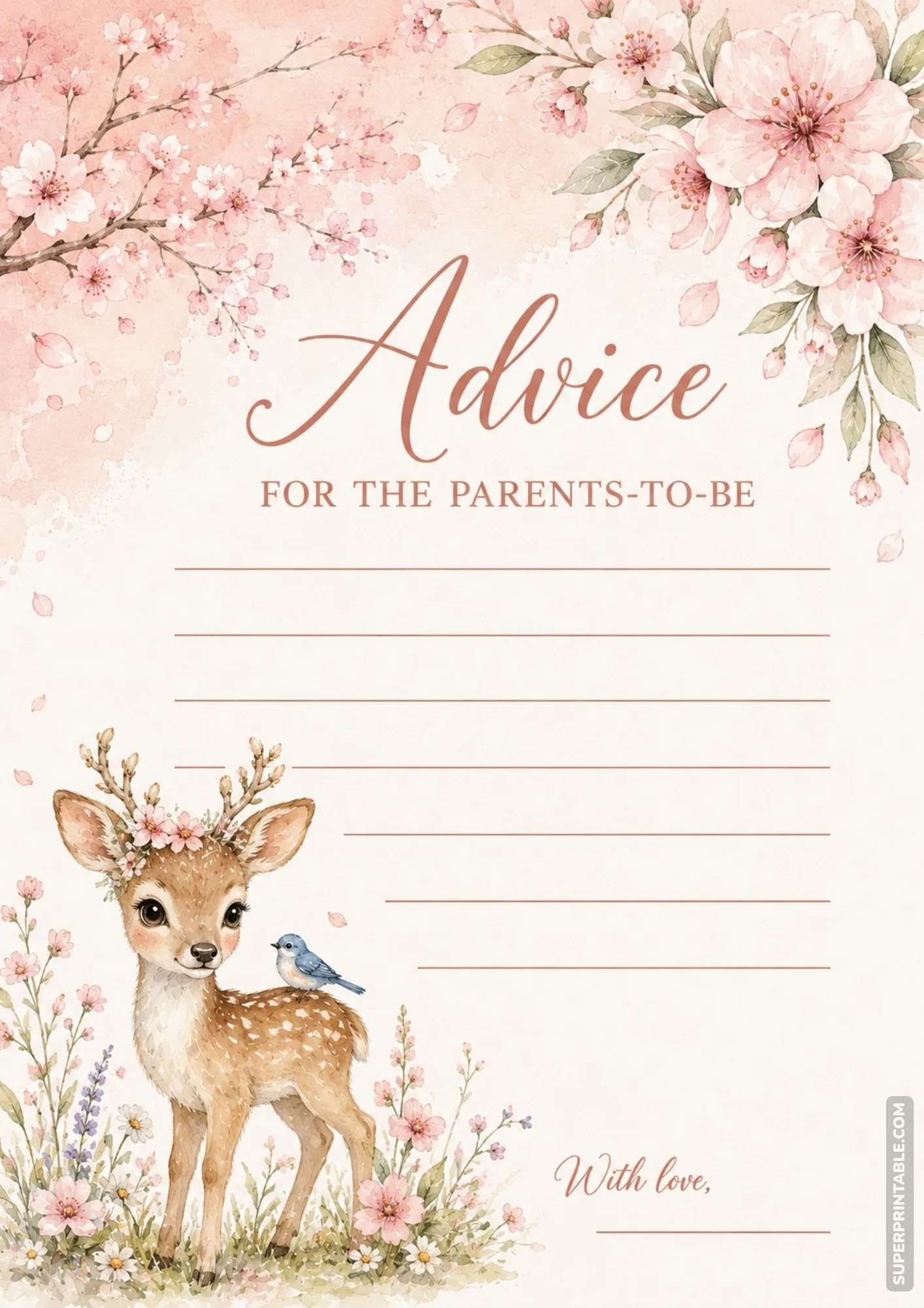 Floral baby shower advice card with a spotted fawn, bluebird, and soft pink cherry blossom branches.