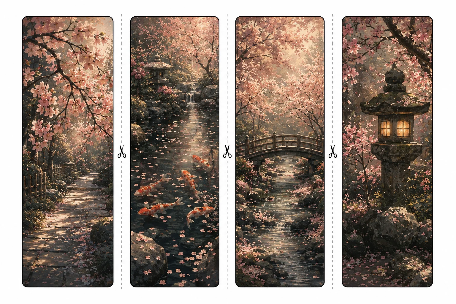 Four printable sakura bookmarks with a blossom-lined stone path, koi in a petal-strewn pond, a wooden bridge, and a glowing stone lantern