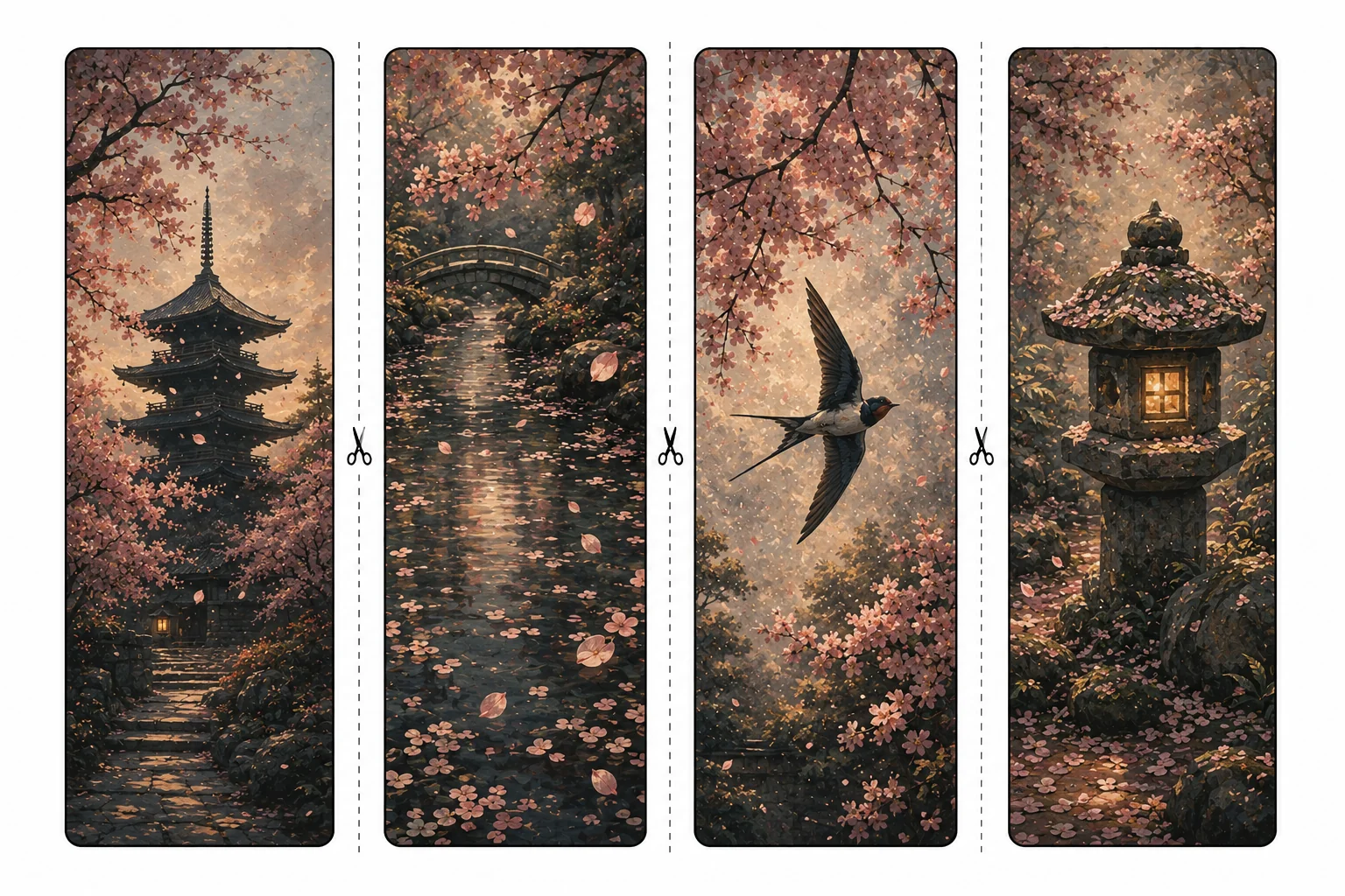 Four printable sakura bookmarks with a pagoda, petals on a stream, a swallow in flight, and a stone lantern dusted with blossoms