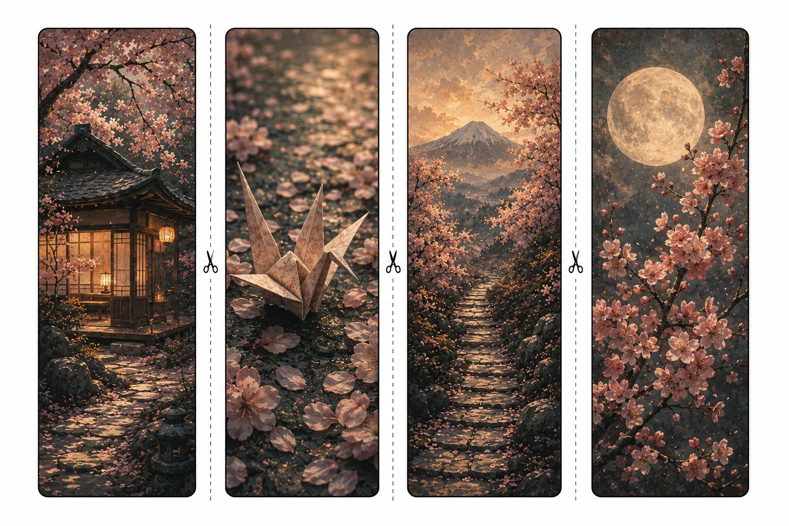 Four printable sakura bookmarks with a glowing tea house, an origami crane on petals, a mountain path, and a full moon behind blossoms