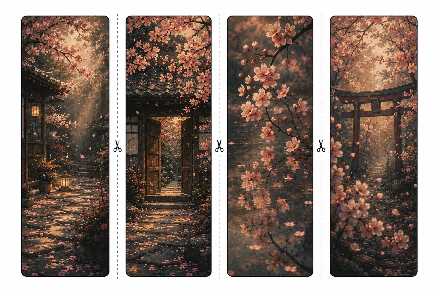 Four printable sakura bookmarks with a petal-strewn courtyard, an open garden gate, blossoms reflected in water, and a red torii gate