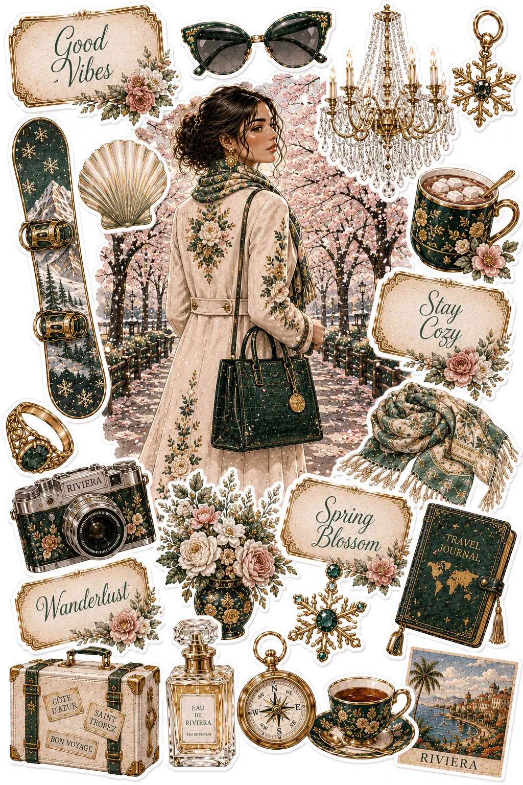 Woman walking through cherry blossom trees near chandelier, camera, and white luggage stickers.