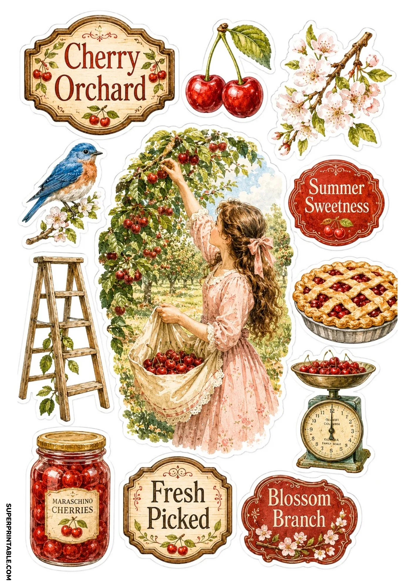 Vintage cherry orchard harvest stickers showing a girl picking cherries, cherry pie, and blossom branches.