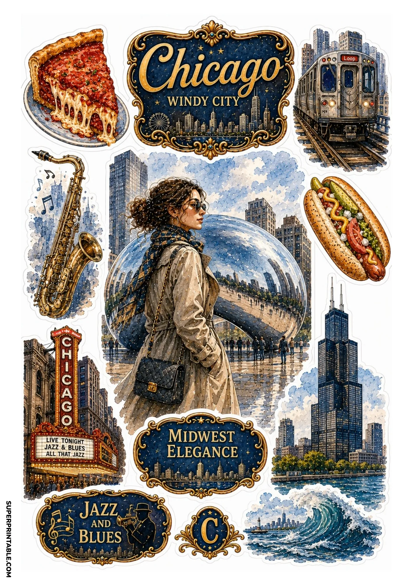 Chicago city sticker sheet featuring Cloud Gate bean, skyline, and deep dish pizza