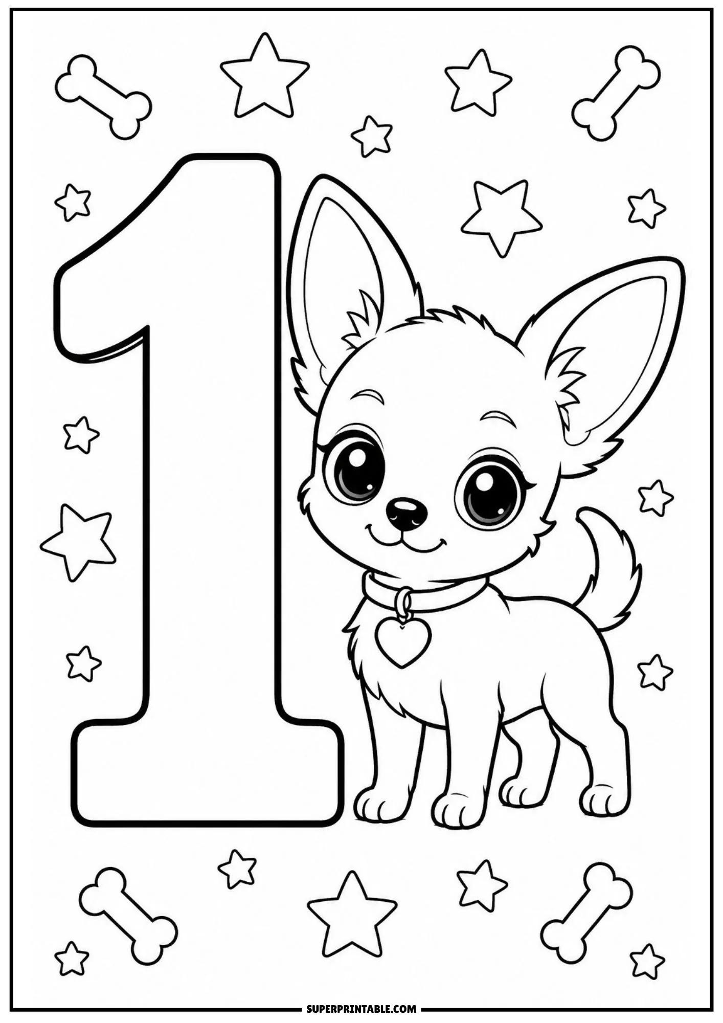 Cute puppy standing next to a large number one with stars and bones.
