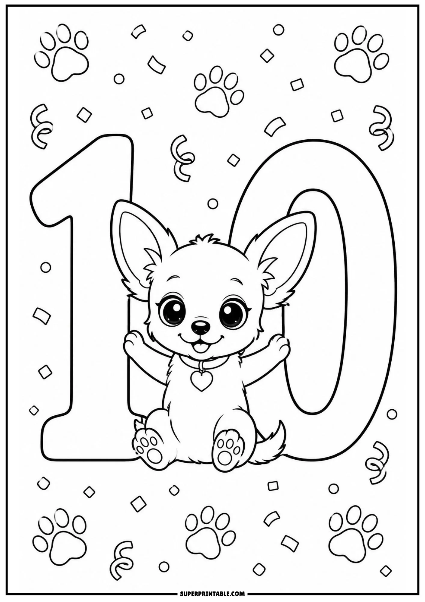 Celebratory puppy sitting between digits of number ten with confetti.