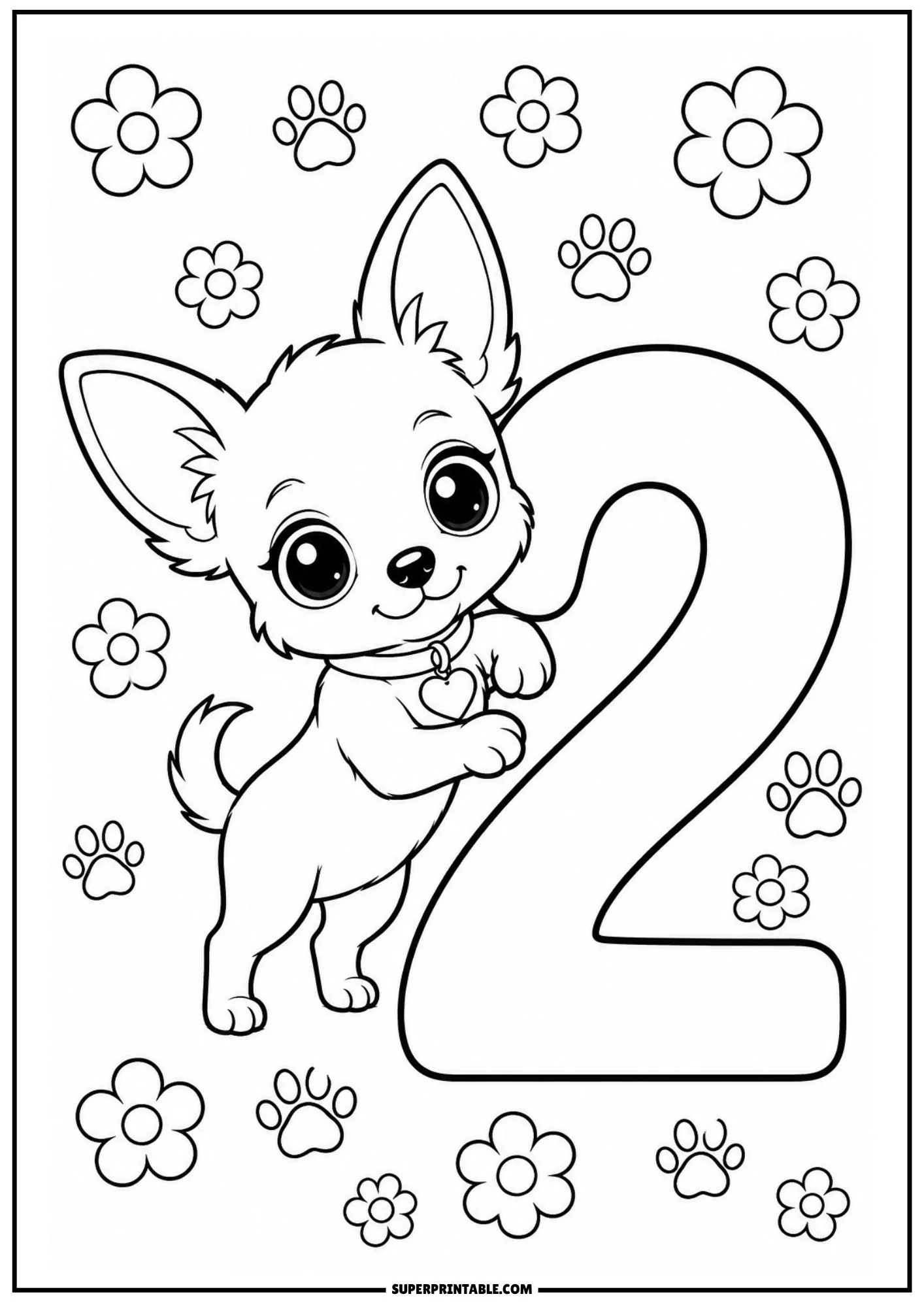 Playful puppy resting front paws on a large number two surrounded by flowers.