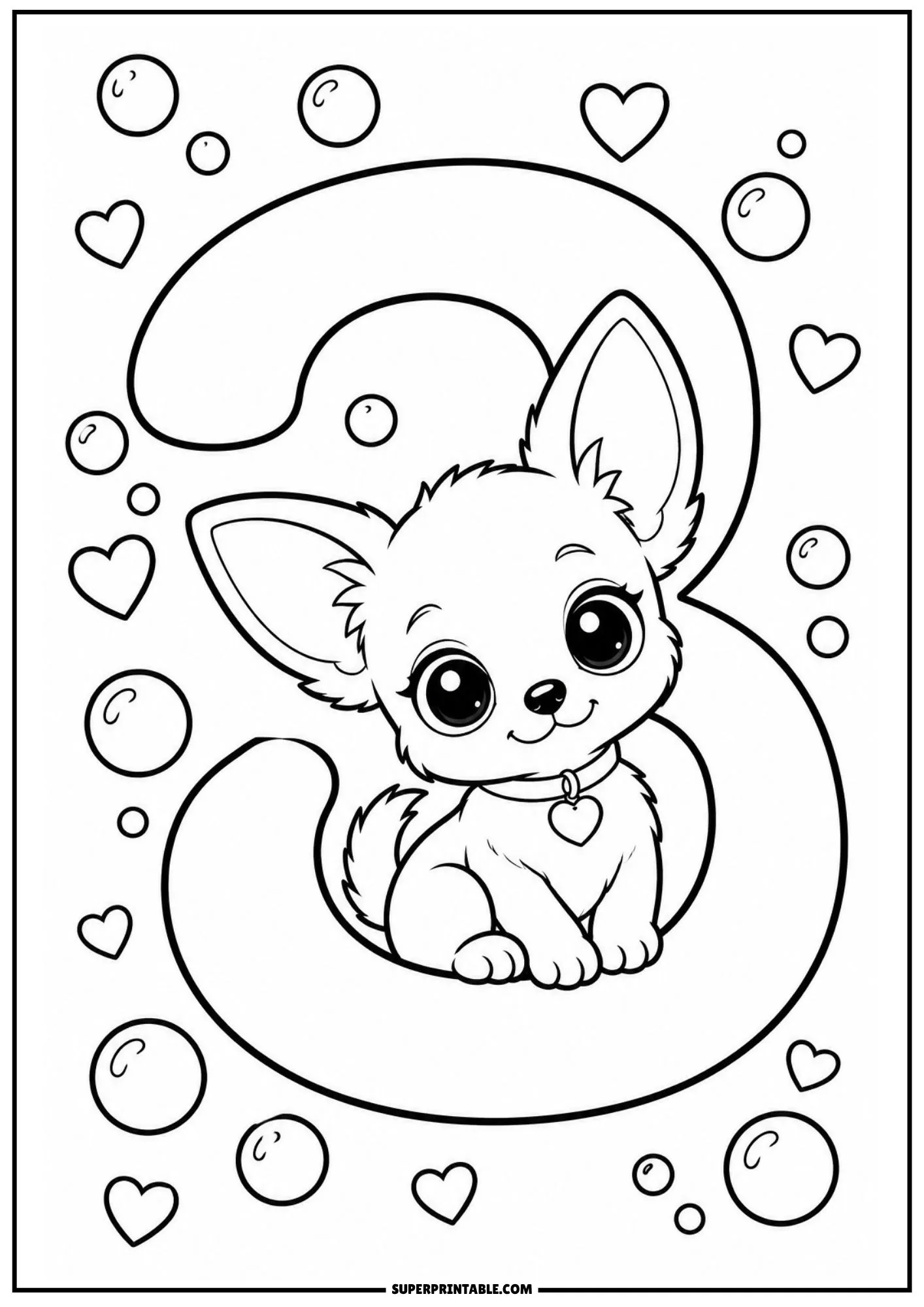 Chihuahua puppy sitting inside a large number three with floating bubbles.