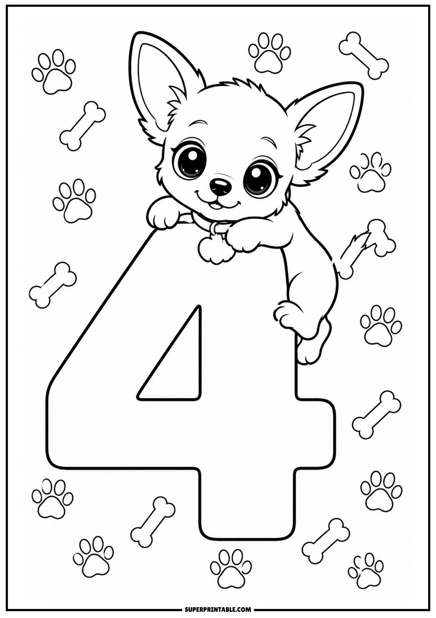 Chihuahua puppy clinging to a large number four surrounded by paw prints.