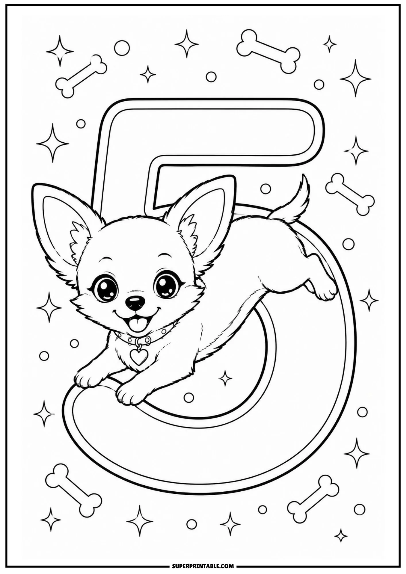 Happy puppy jumping playfully over a large number five with sparkles.