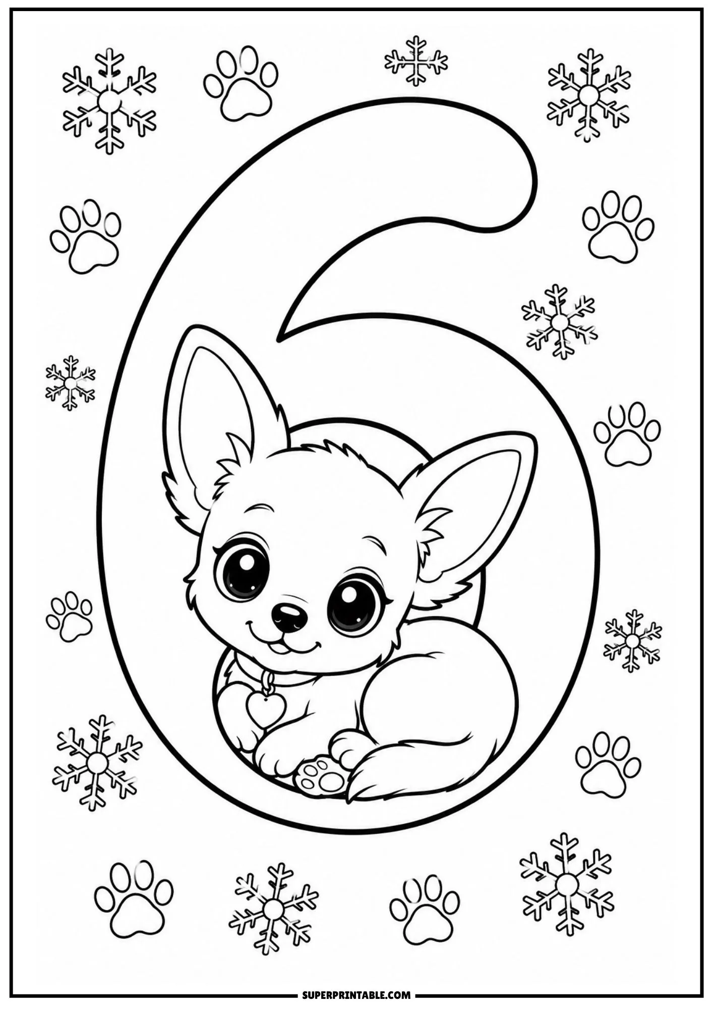 Sweet puppy resting in the bottom loop of number six with snowflakes.