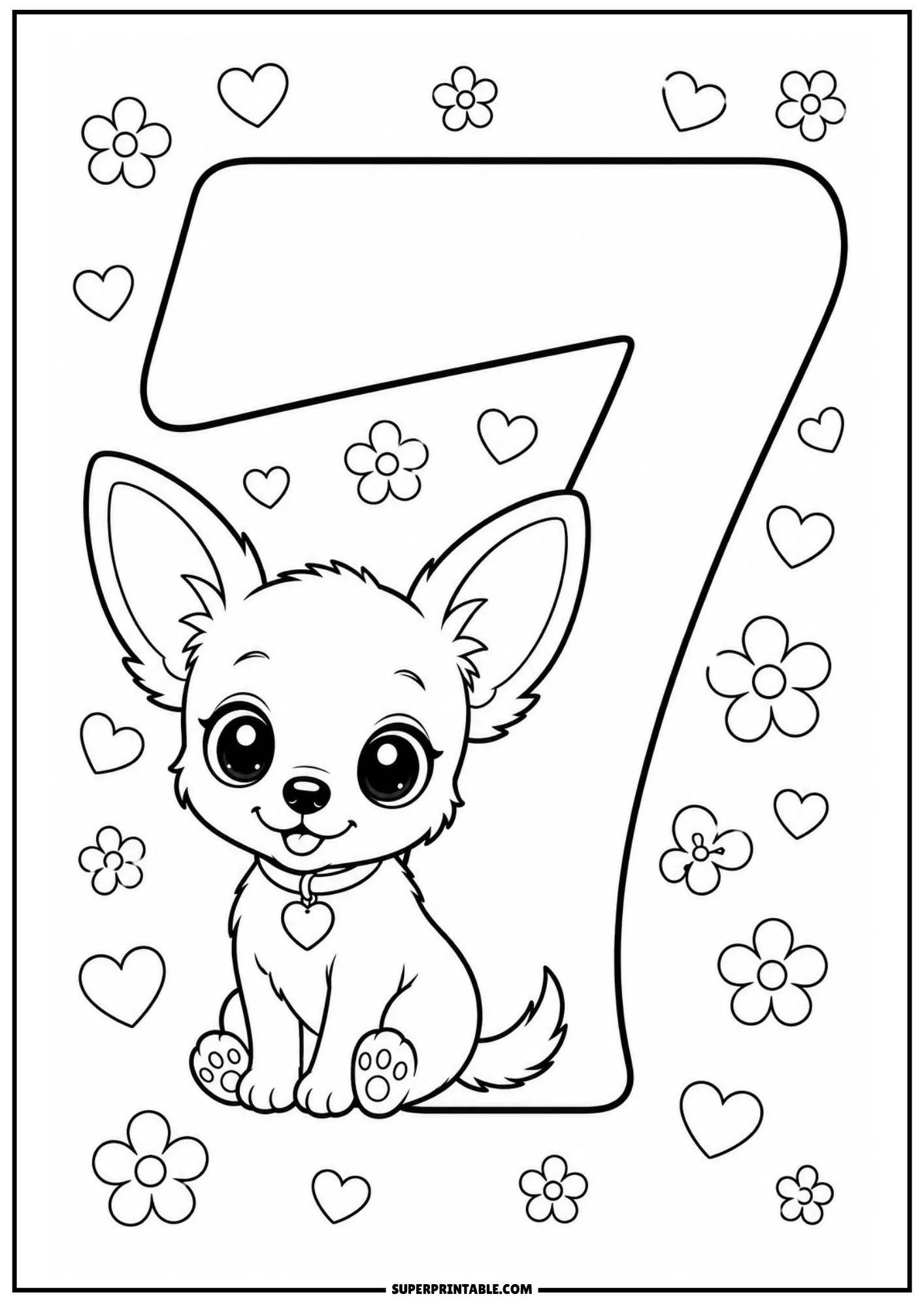 Chihuahua sitting neatly under a giant number seven with floral background.