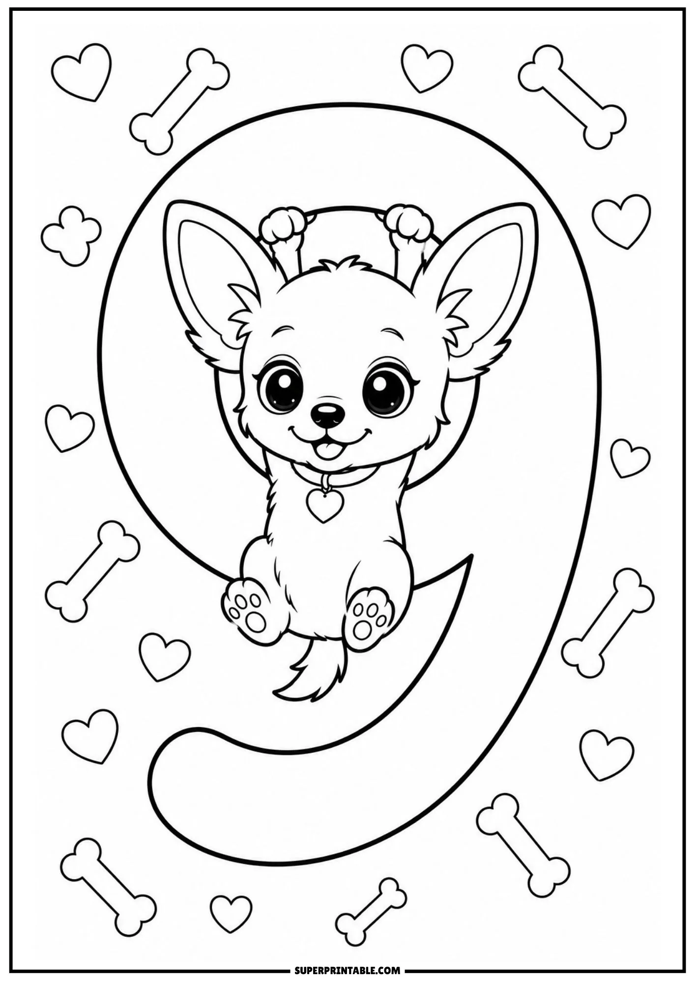 Small puppy hanging onto the loop of a large number nine with hearts.