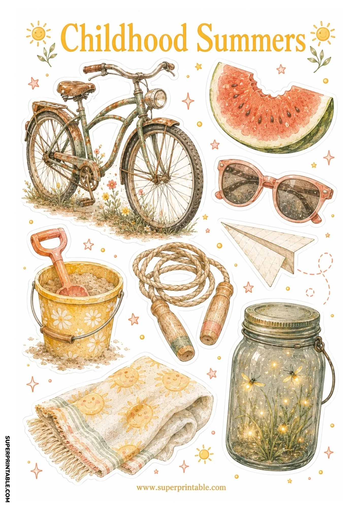 Vintage green bicycle with a slice of watermelon, sand bucket, jump rope, paper airplane, and jar of fireflies.