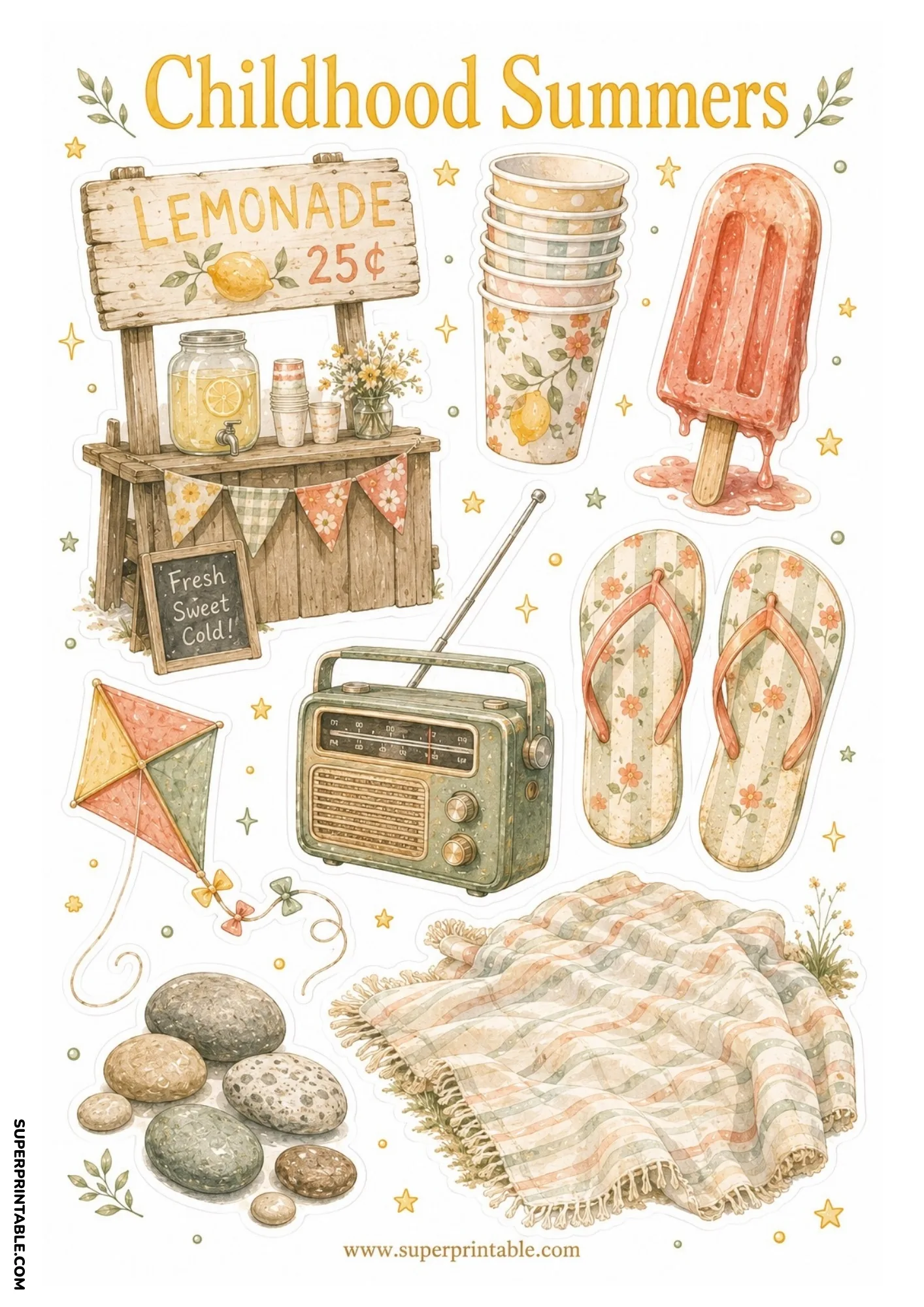Rustic wooden lemonade stand with a retro radio, melting popsicle, paper kite, floral flip flops, and rocks.