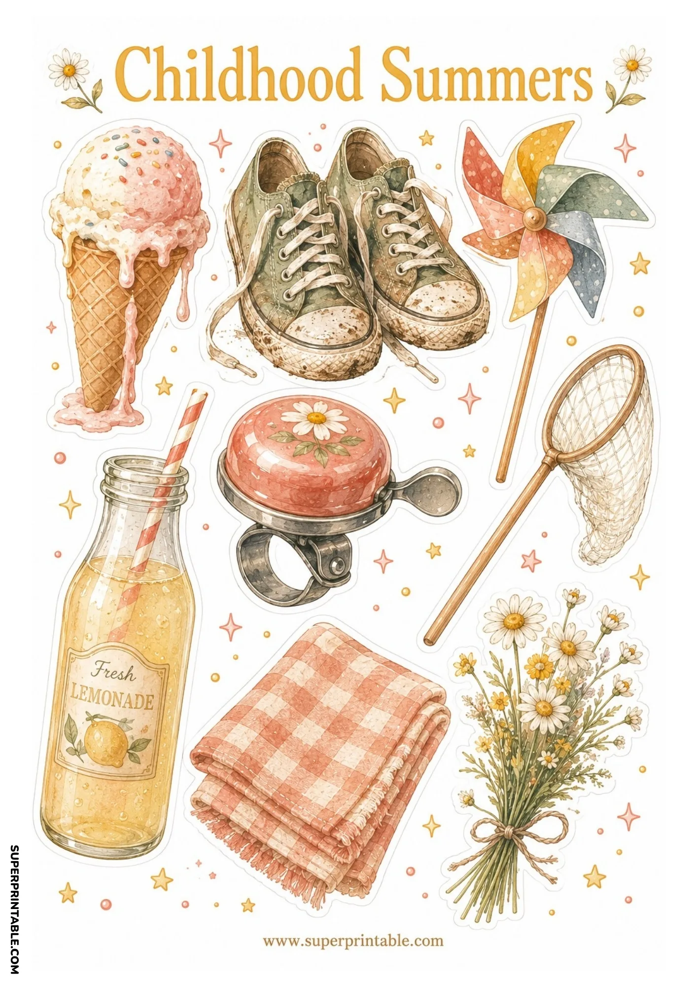 Dripping ice cream cone, worn green sneakers, paper pinwheel, fresh lemonade bottle, and daisy flower bouquet.