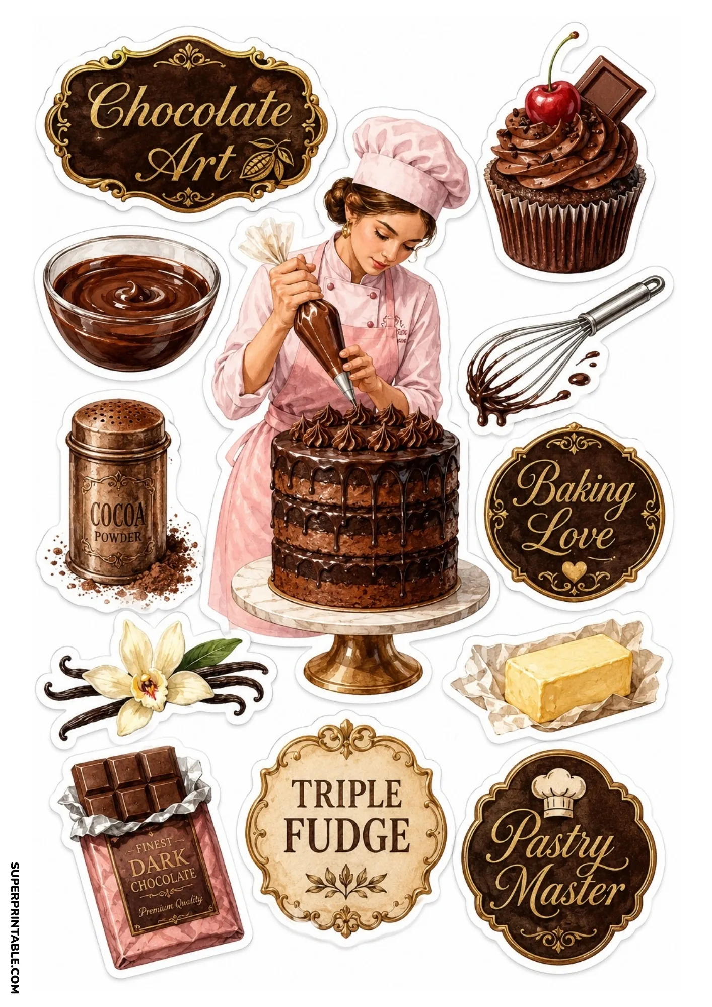 Chocolate pastry sticker sheet showing a baker decorating a layer cake surrounded by melted chocolate, cocoa powder, and dark chocolate bars.
