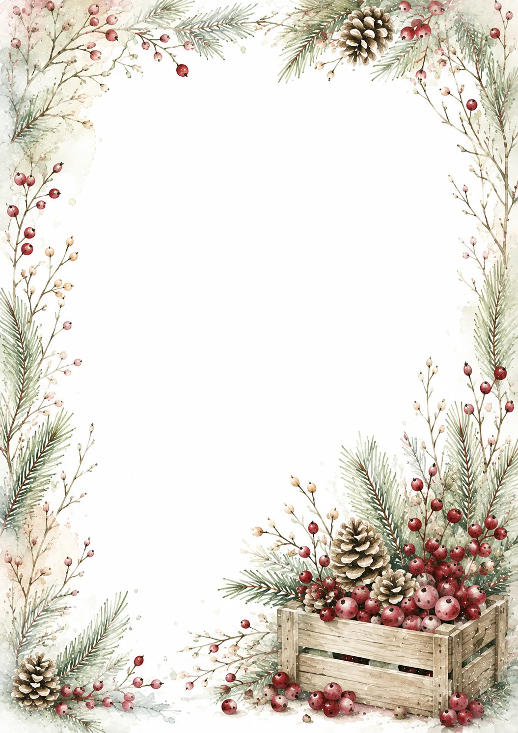 Festive winter border with pine greenery, berries, flowers, and a rustic basket