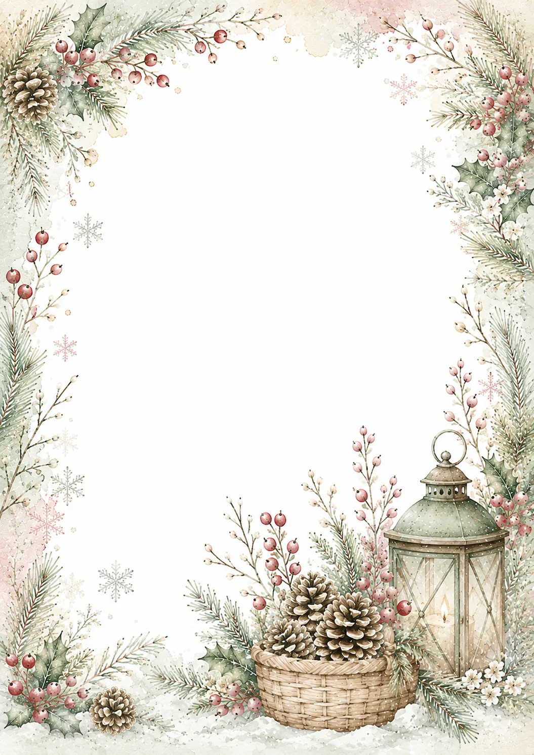Winter writing border with a woven basket, pinecones, lantern, berries, and evergreen foliage