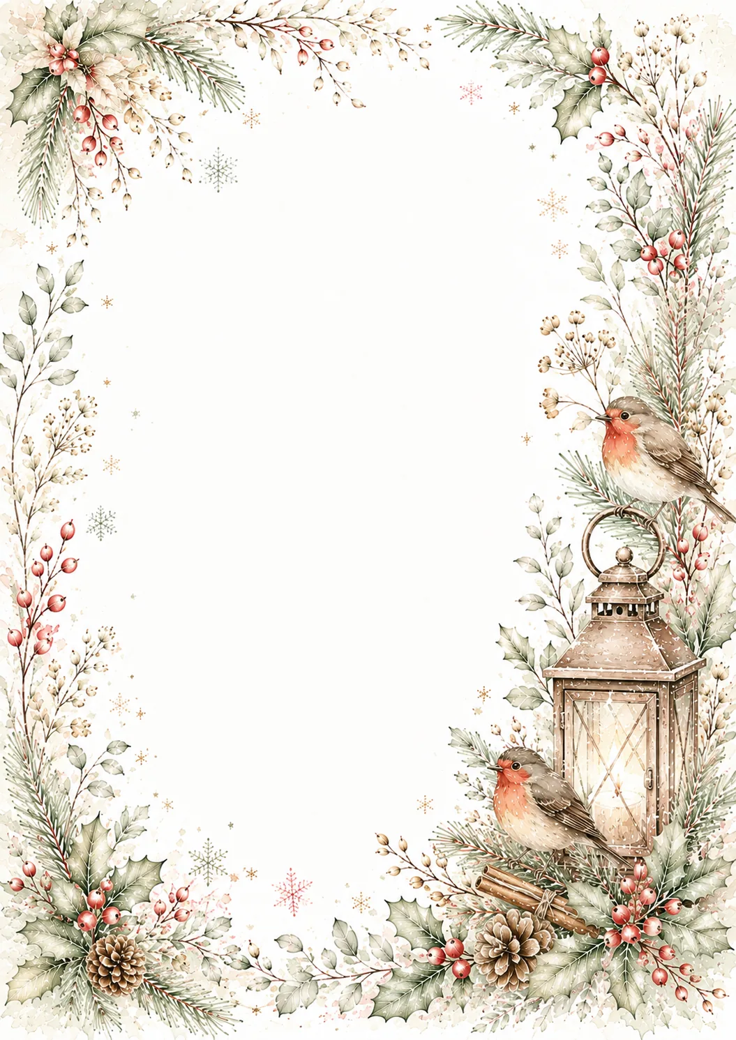 Christmas watercolor frame with two winter birds, glowing lantern, holly, berries, pinecones, and greenery