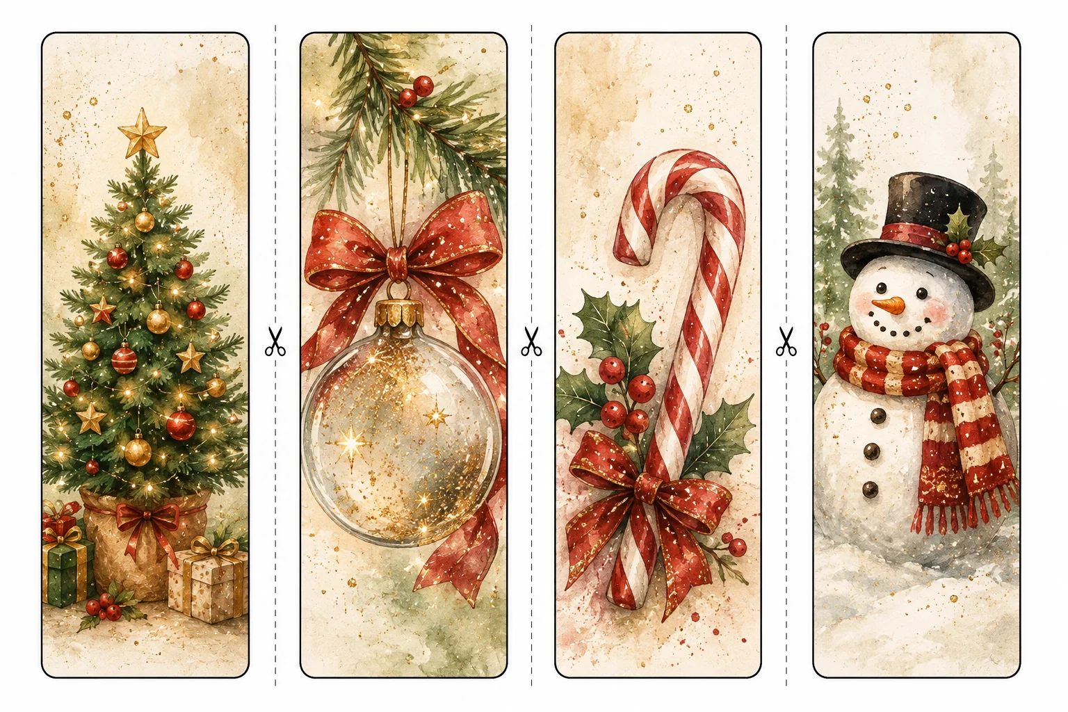 Printable Christmas bookmarks sheet 1, christmas tree and snowman